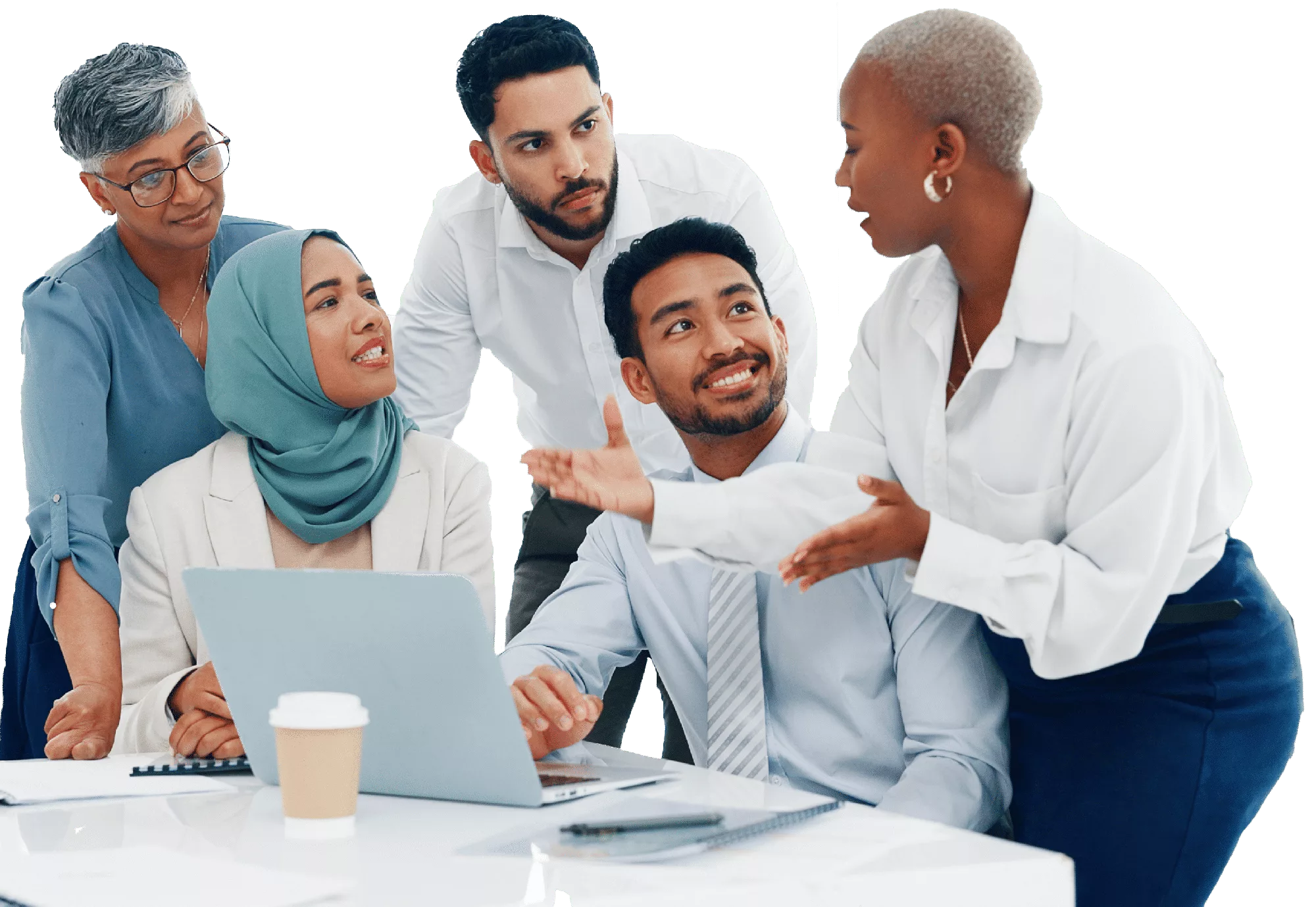 Professional experts discussing client designs in front of laptop on a meeting room conference table.
