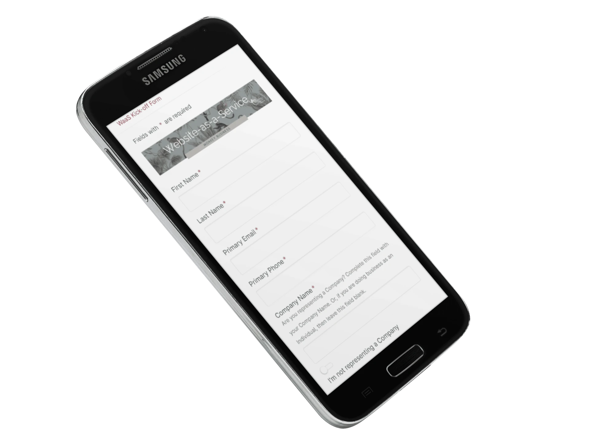 Andriod phone displaying Monkey Business subscription form for their Website-as-a-Service plans.