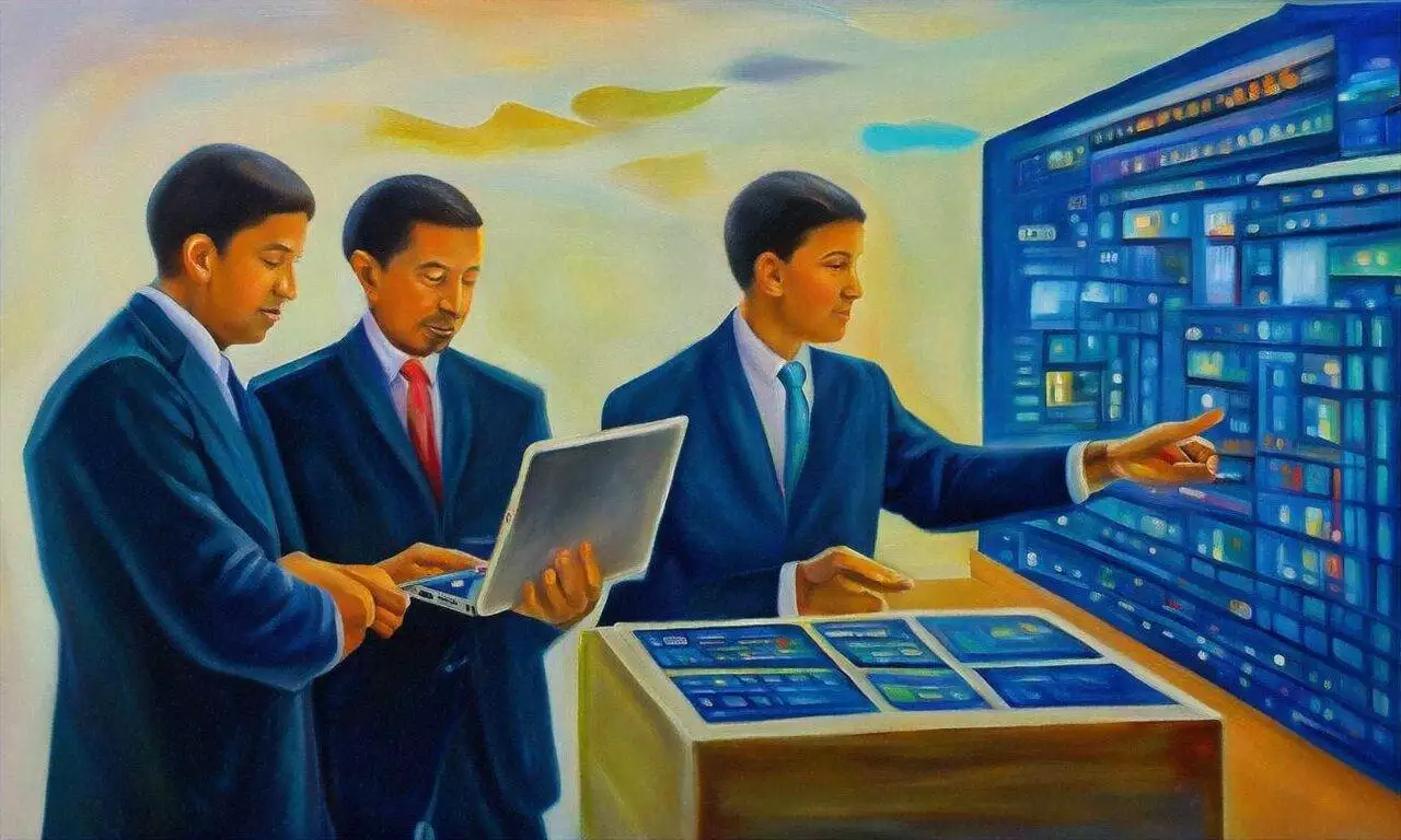 Website Compliance Best Practices for Non-Profit Organizations Three men in suits interact with digital devices and a large futuristic screen displaying data—perfect inspiration for a WordPress web designer or anyone seeking modern small business website design in a creative, brightly lit space.