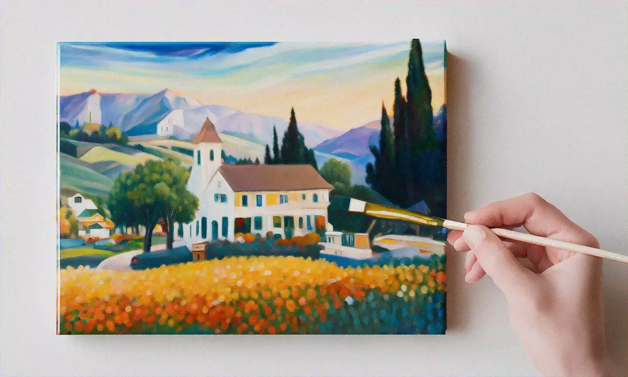 Mastering Brand Identity: Website Design Tips for Californian Businesses A hand holds a paintbrush, finishing a landscape painting of a house, trees, mountains, and a field of yellow flowers under a colorful sky—much like a web designer near me crafting unique small business website designs.