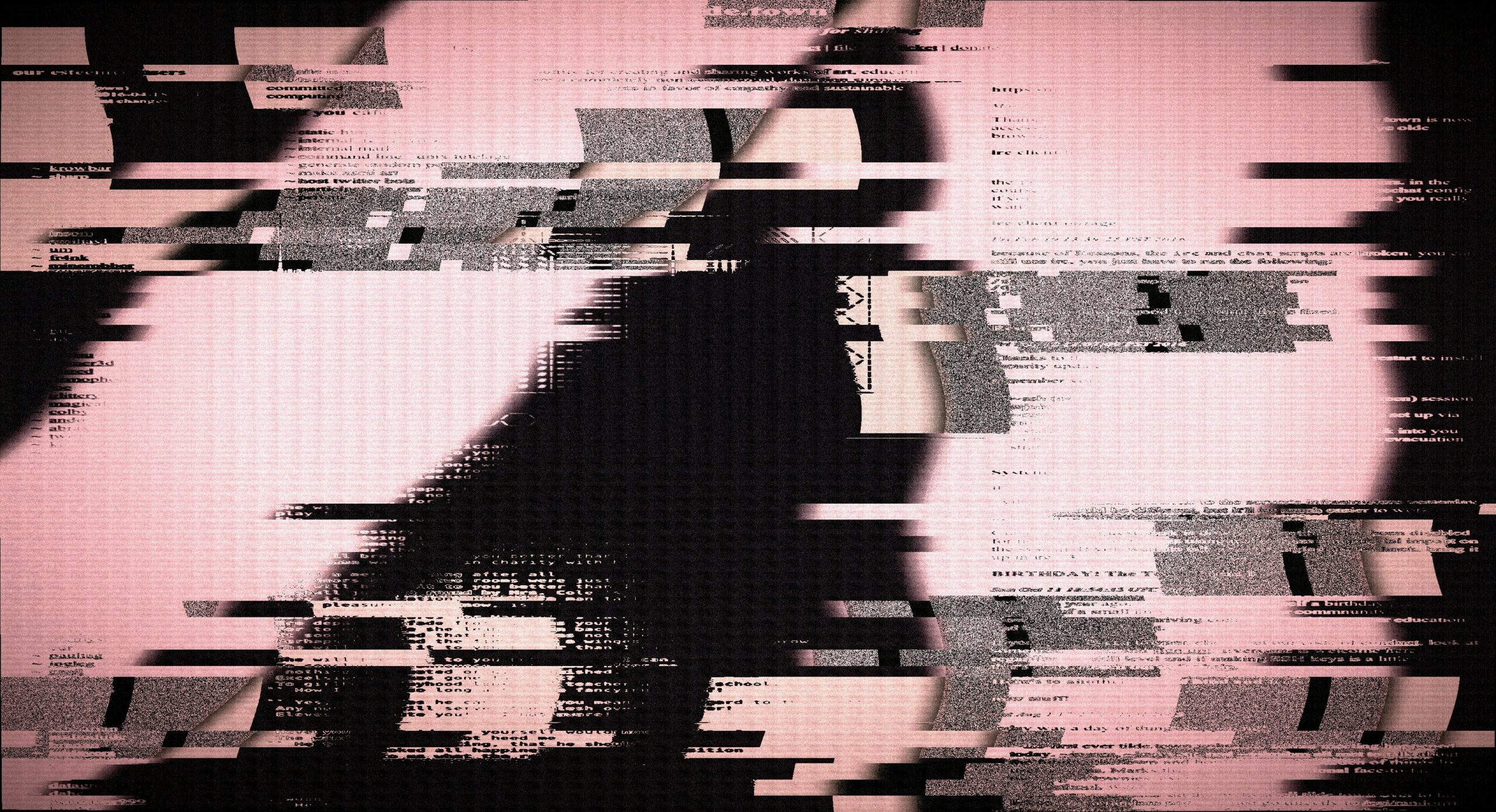 The Dangers of Updating Your Own Website Features A pink and black image showing distorted, pixelated, and glitched text fragments arranged in vertical and horizontal blocks.
