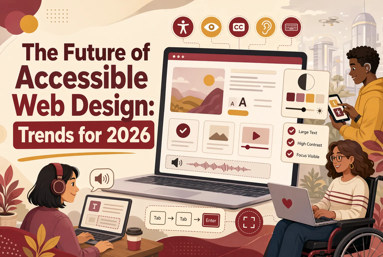 Illustration depicting the future of web design, with people using laptops showcasing accessibility tools and interface options like large text, high contrast, and keyboard navigation. Text highlights 2026 web design trends.
