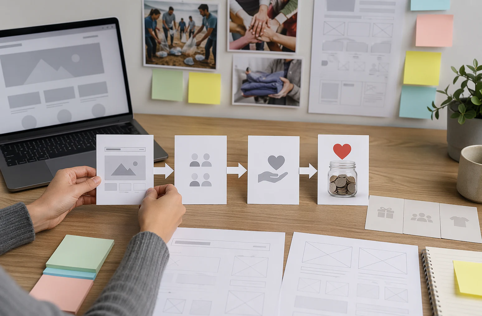 Homepage with a clear call-to-action button and donation flowchart
