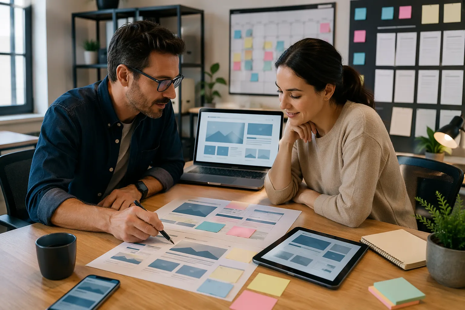Business owner reviewing website checklist with designer in modern office