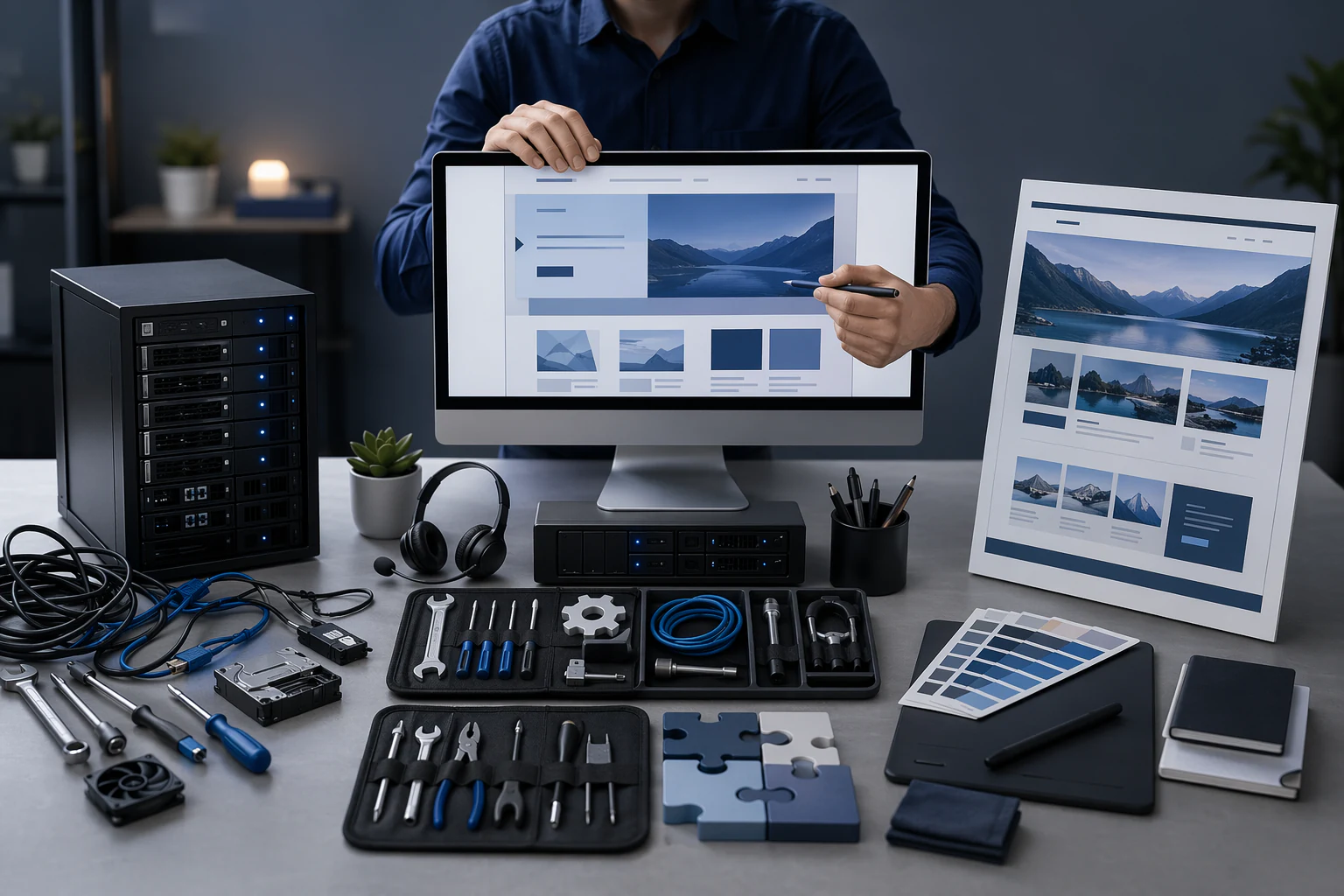 Modern office with web development team reviewing server and website management tools