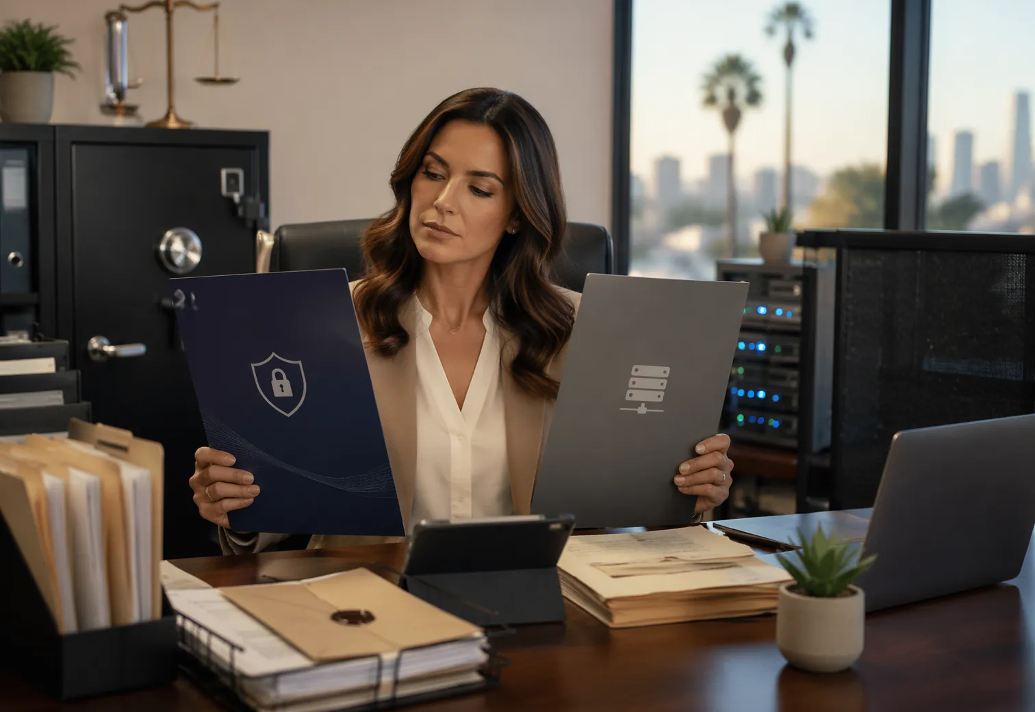 California office manager reviewing hosting options at desk