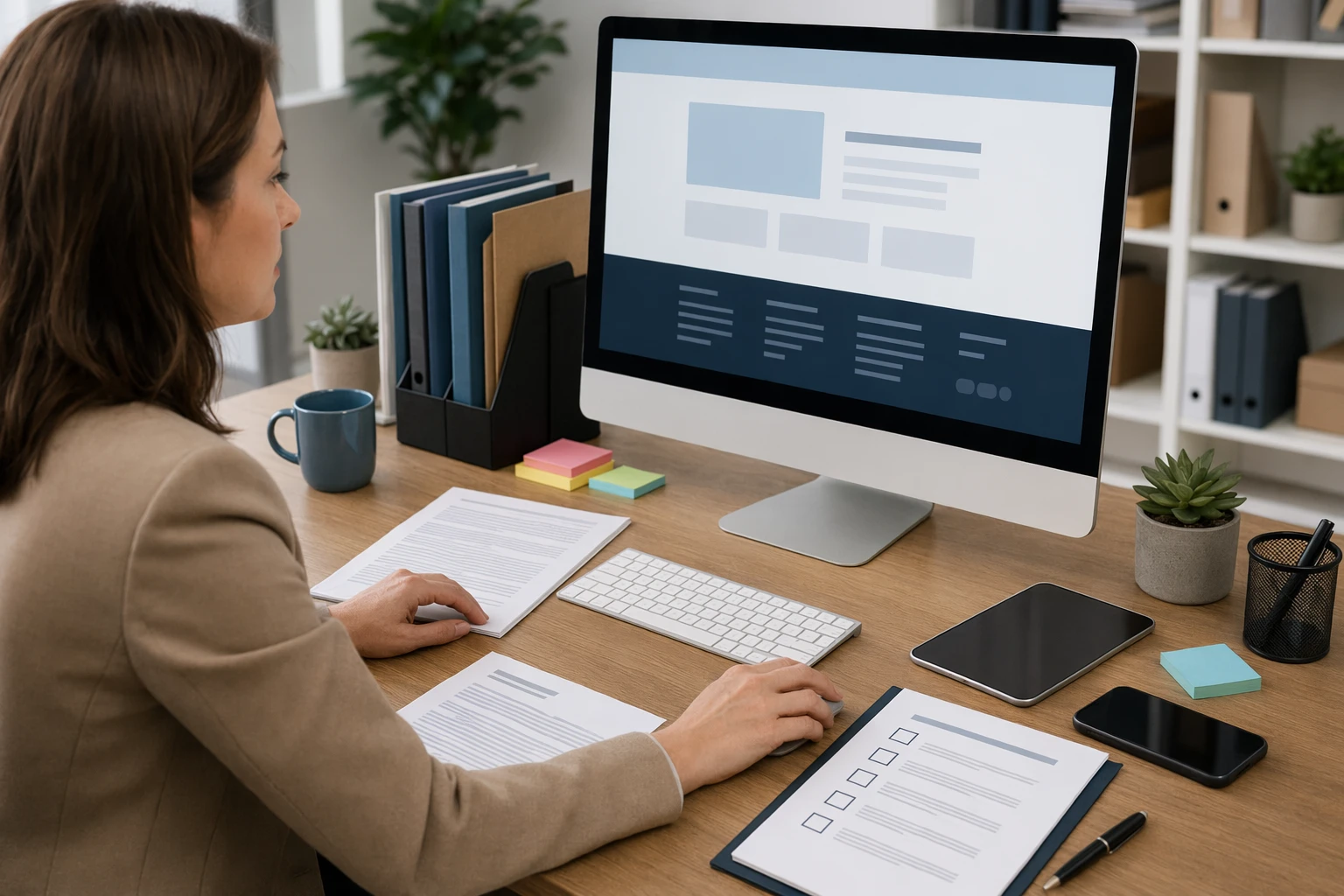 Office manager updating website footer with privacy notices