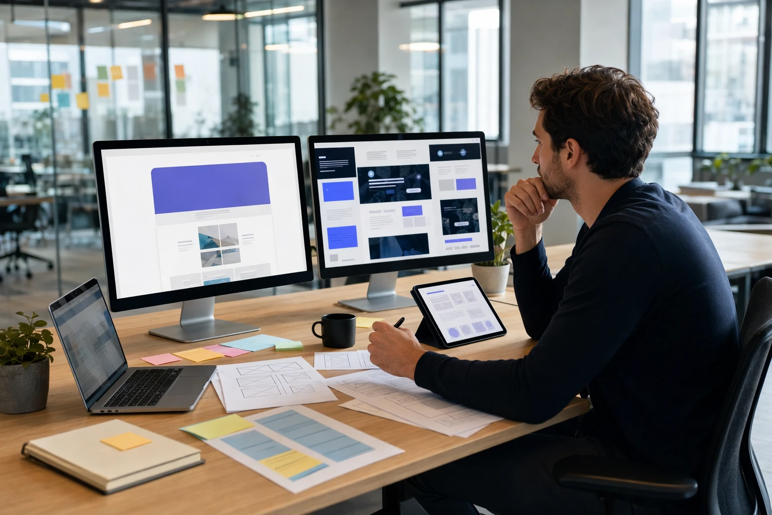 Founder reviewing website mockups and notes in bright startup office