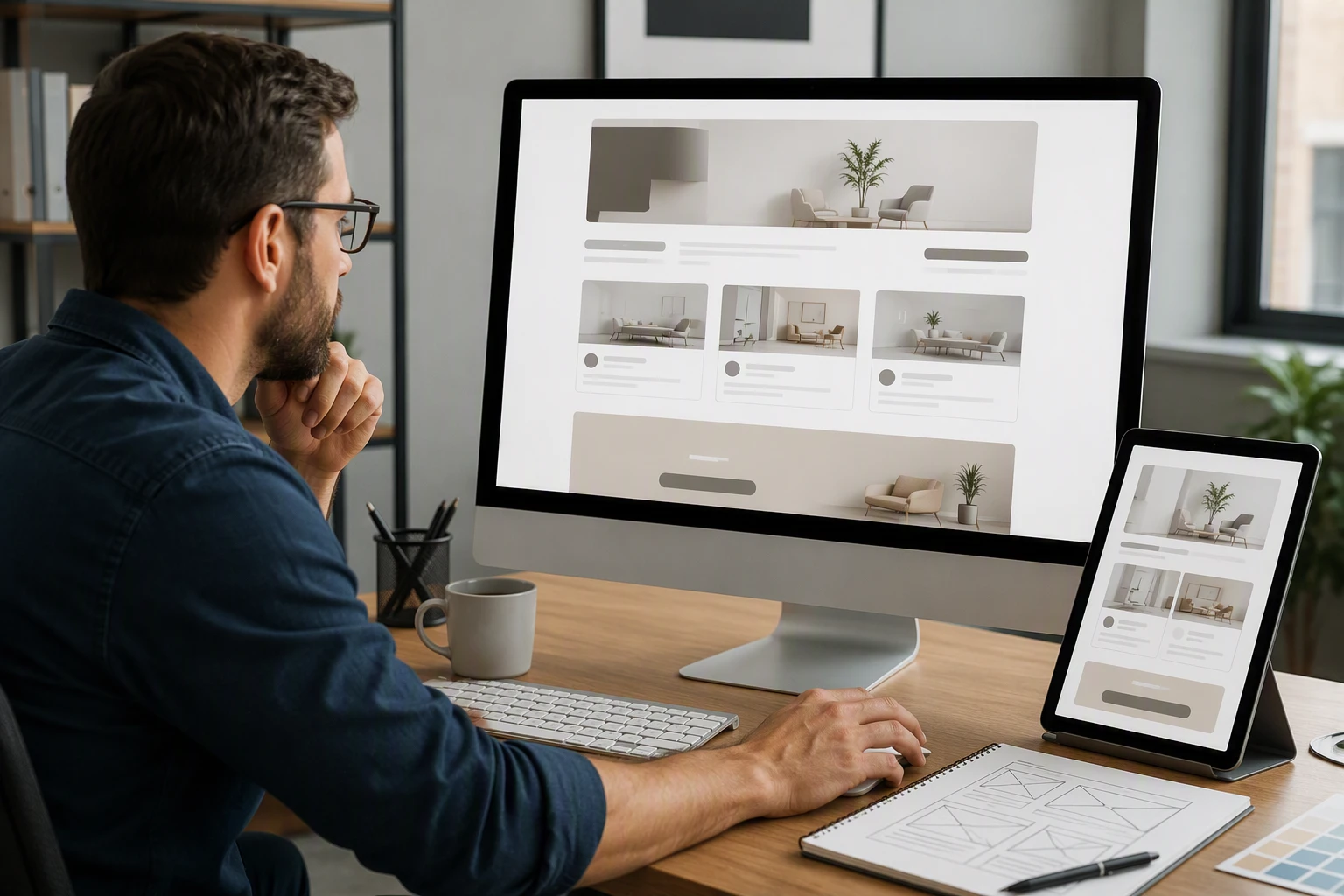 Professional Website Design: 9 Elements Clients Notice Business owner reviewing homepage mockup with organized content sections