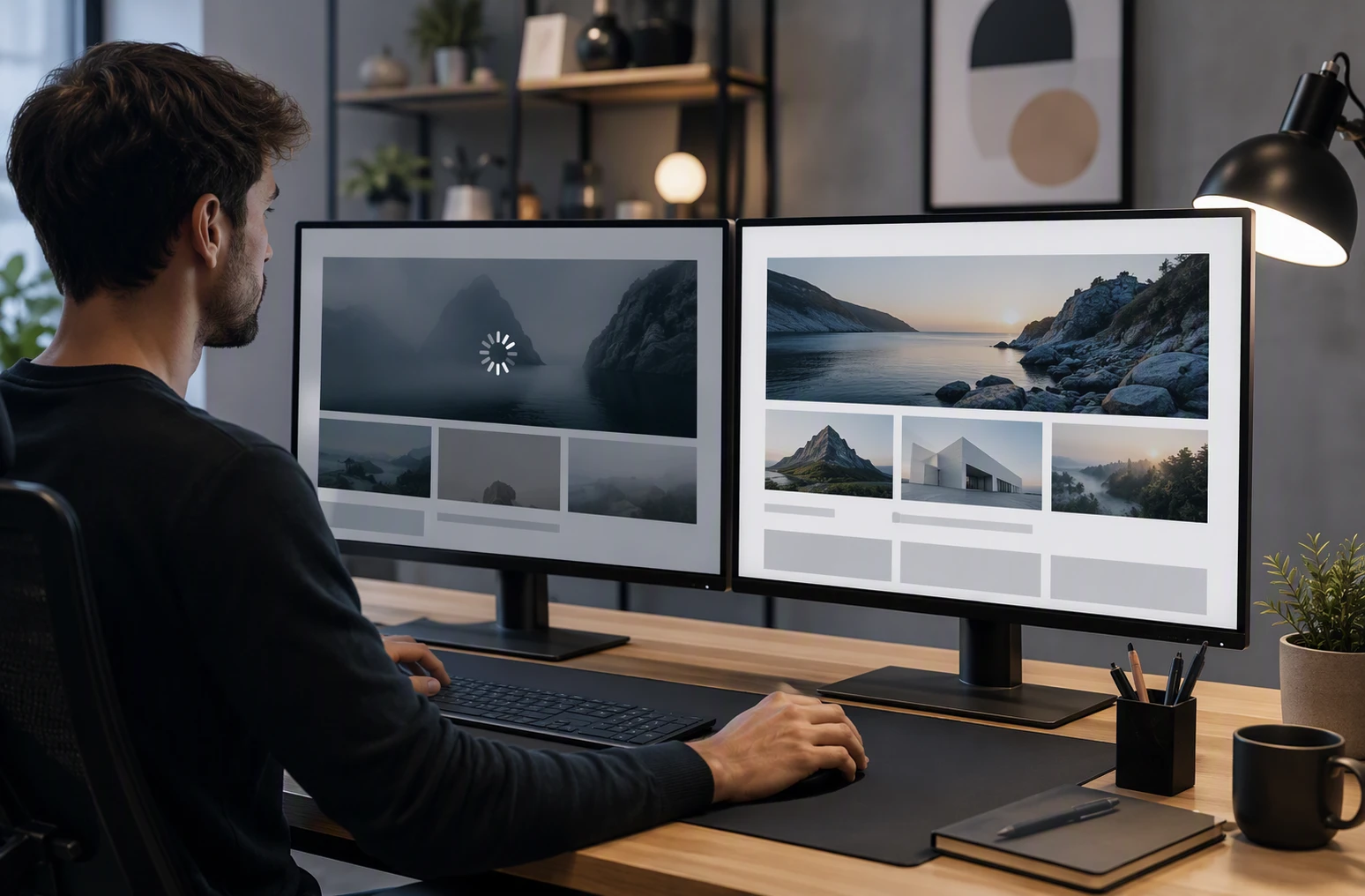 Professional Website Design: 9 Elements Clients Notice Designer comparing high-resolution and compressed website images on dual monitors