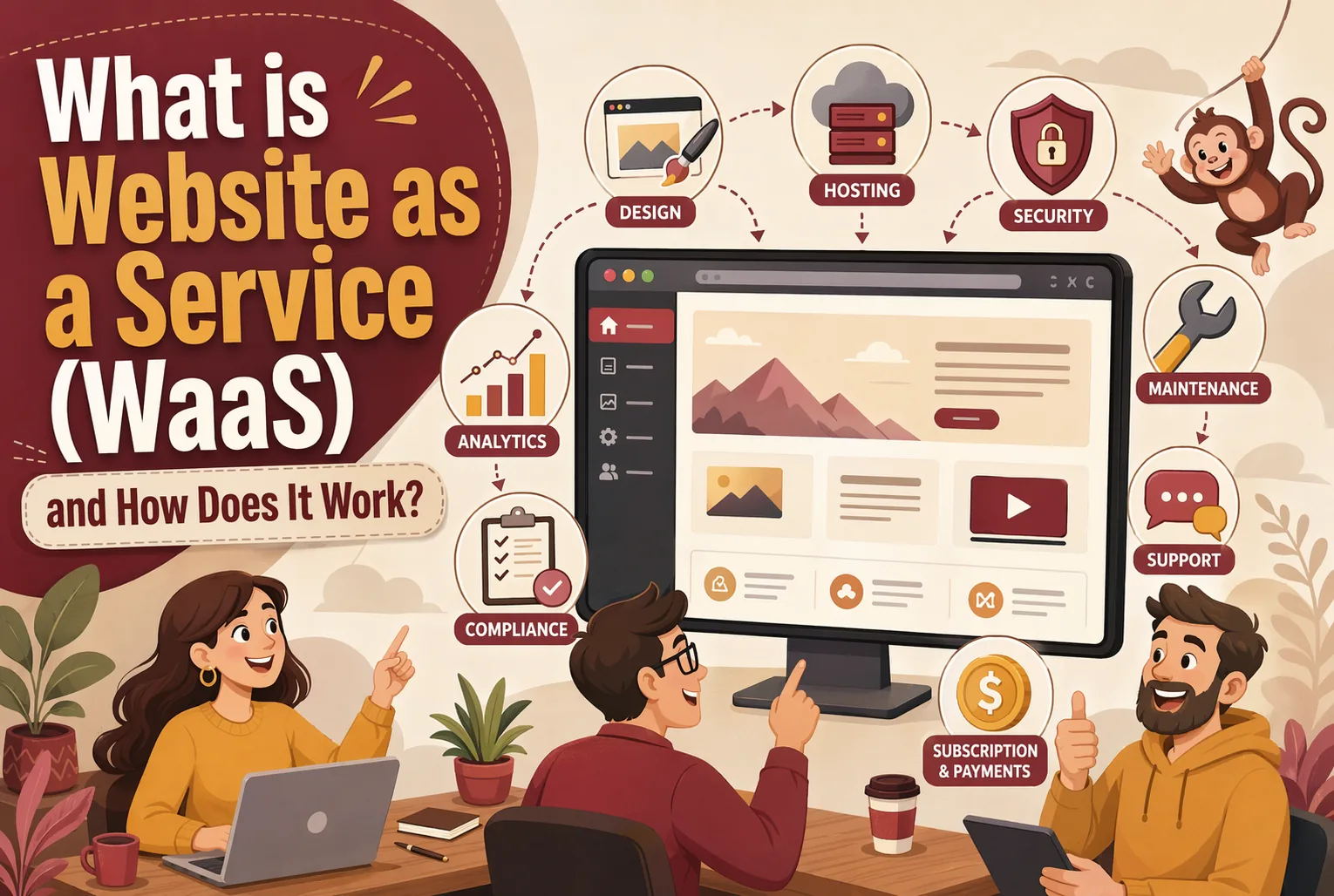 Illustration explaining WaaS (Website as a Service), showing a large monitor with website tools, icons for features, and two people discussing at a desk—with a monkey in the corner, highlighting how Website as a Service works.