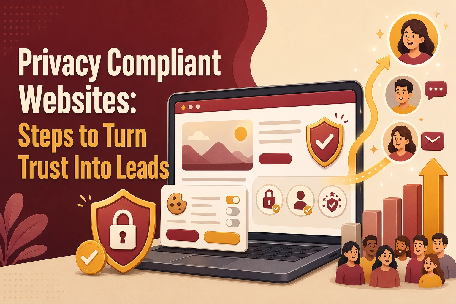 Privacy Compliant Websites: Steps to Turn Trust Into Leads A laptop displays security icons and graphs, with illustrated people and upward arrows symbolizing trust and increasing website leads. Text reads: