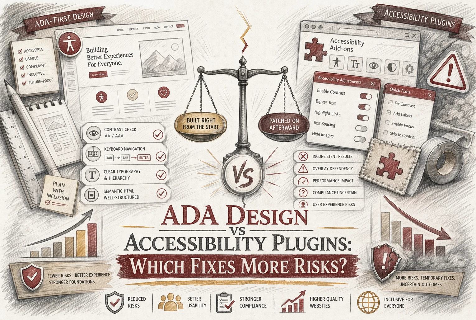 Infographic compares ADA Design and accessibility plugins, highlighting scales, website elements, accessibility risks, benefits, and text: 