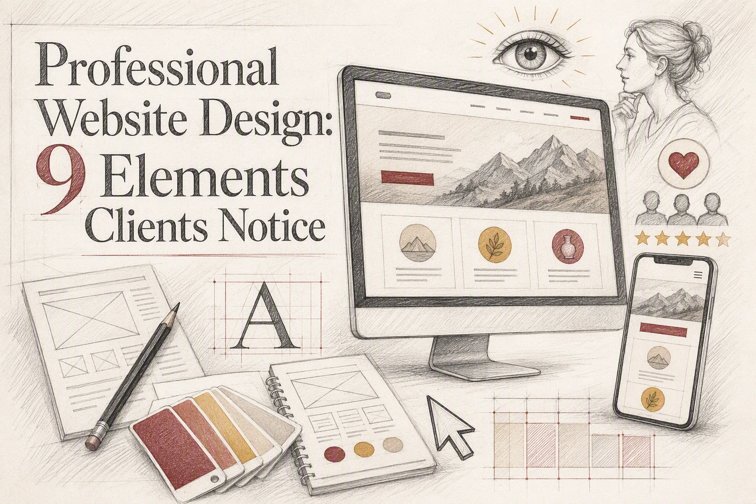 Professional Website Design: 9 Elements Clients Notice Illustration highlighting key Website Design Elements, with text reading “Professional Website Design: 9 Elements Clients Notice,” alongside sketches of screens, graphics, color samples, and review icons.