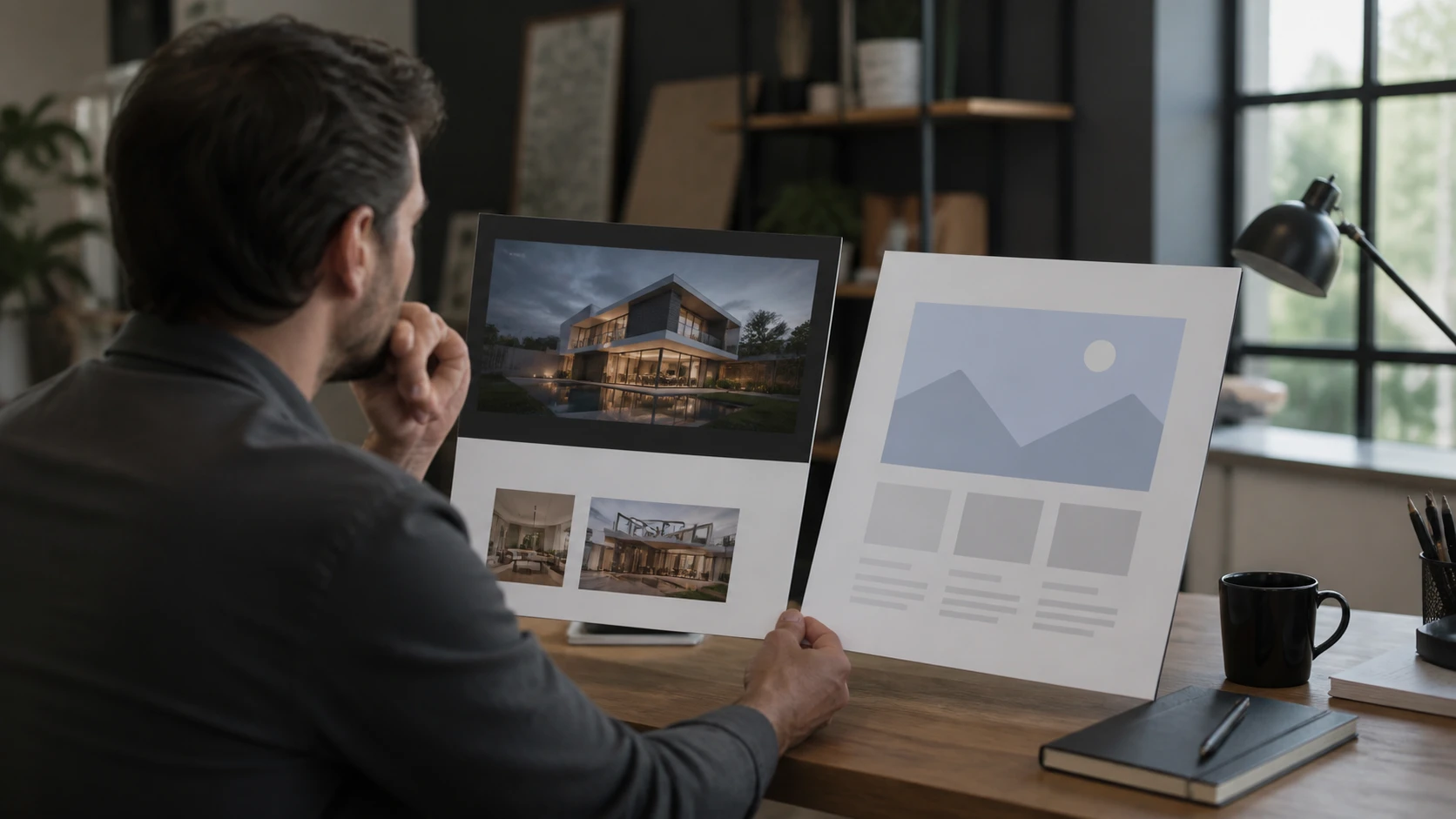 Business owner comparing polished website mockup and generic template on desk