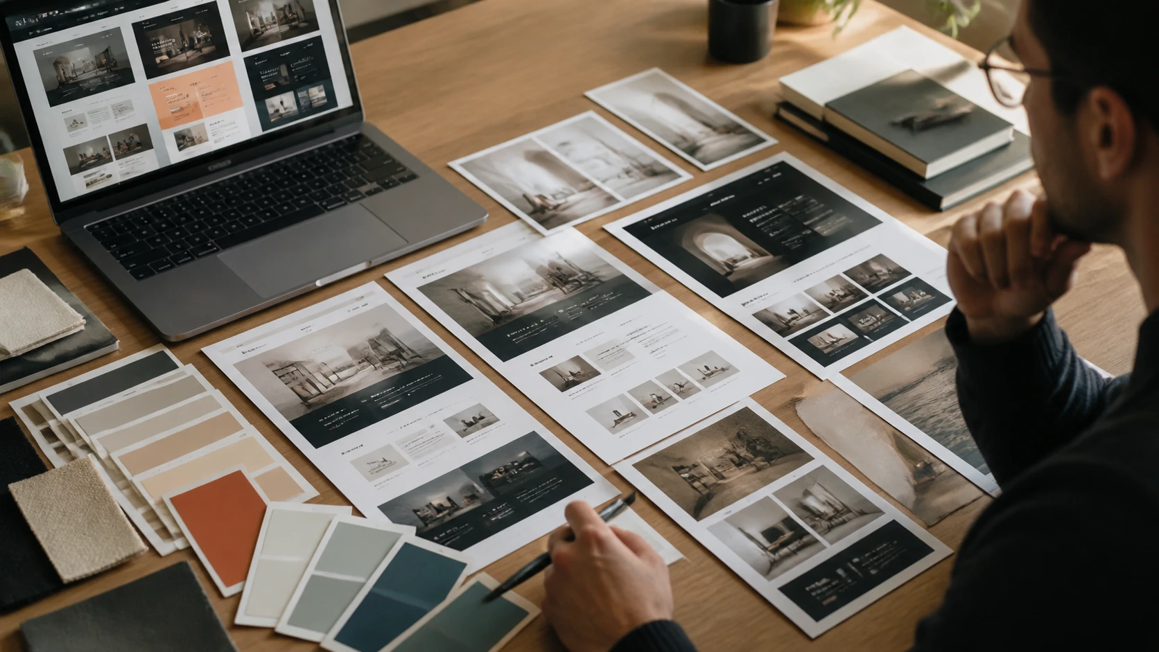 How to Brief a Professional Website Design Project Designer reviewing mood board with color swatches and website references