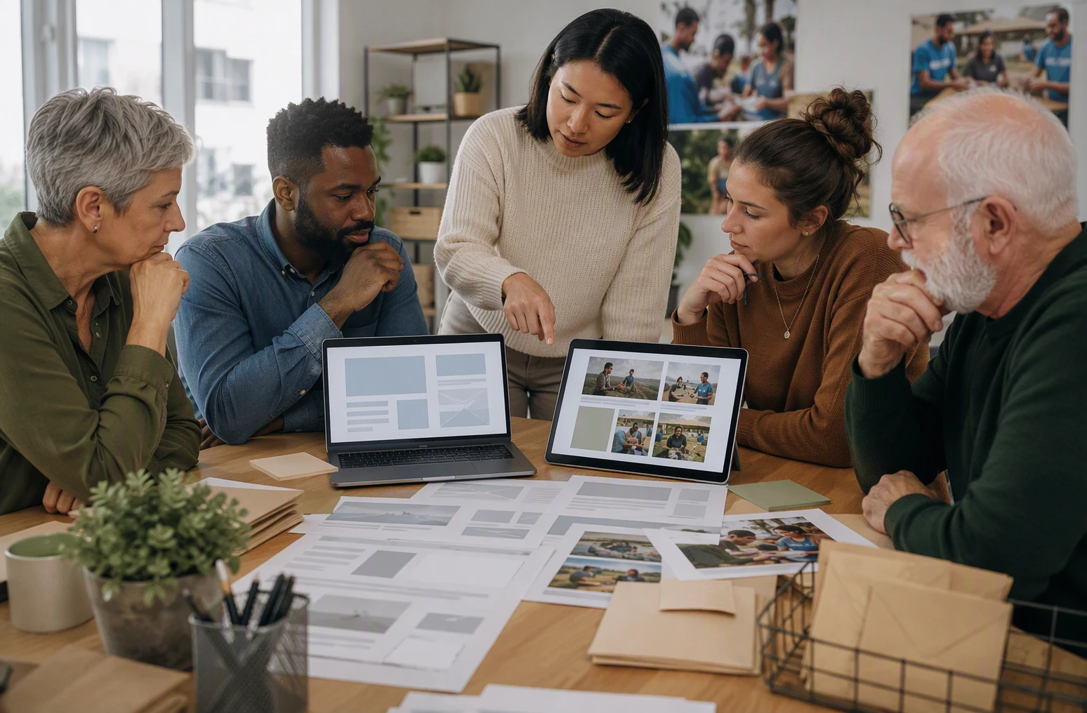 Nonprofit team reviewing website mockups at office table