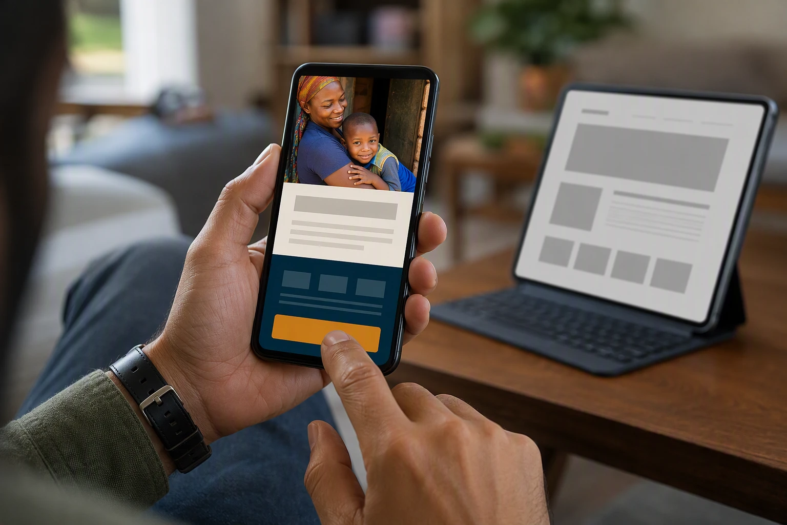 Donor reading impact story on mobile device