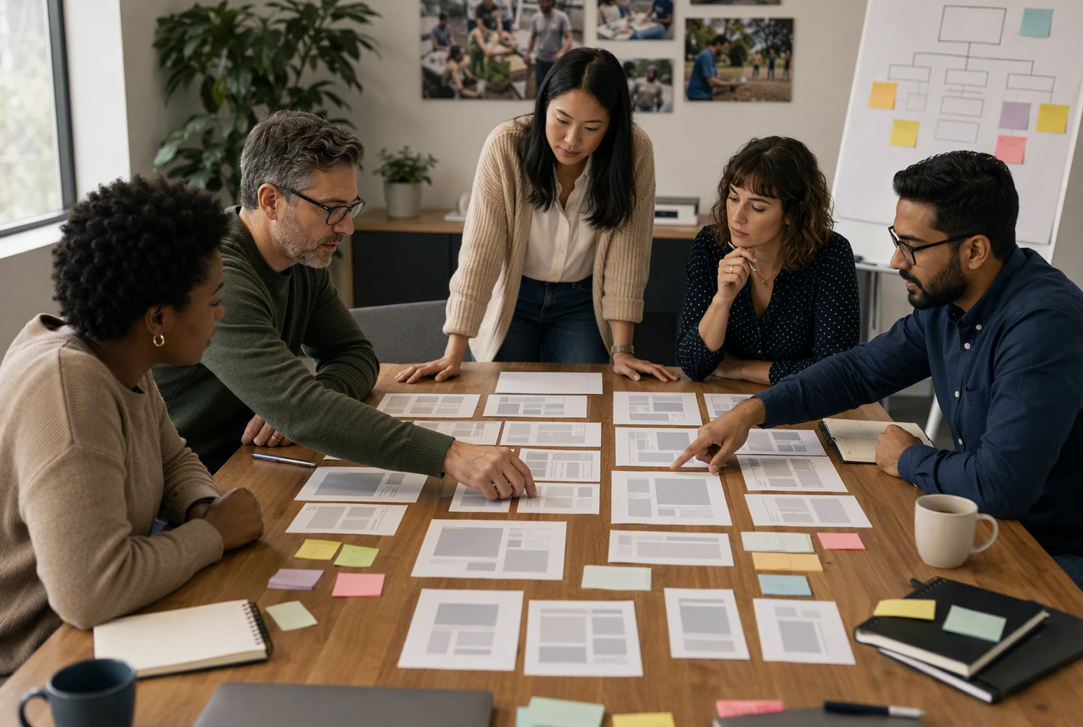 How to Plan Non-Profit Websites for Volunteers and Donors Nonprofit team reviewing printed sitemap pages at conference table