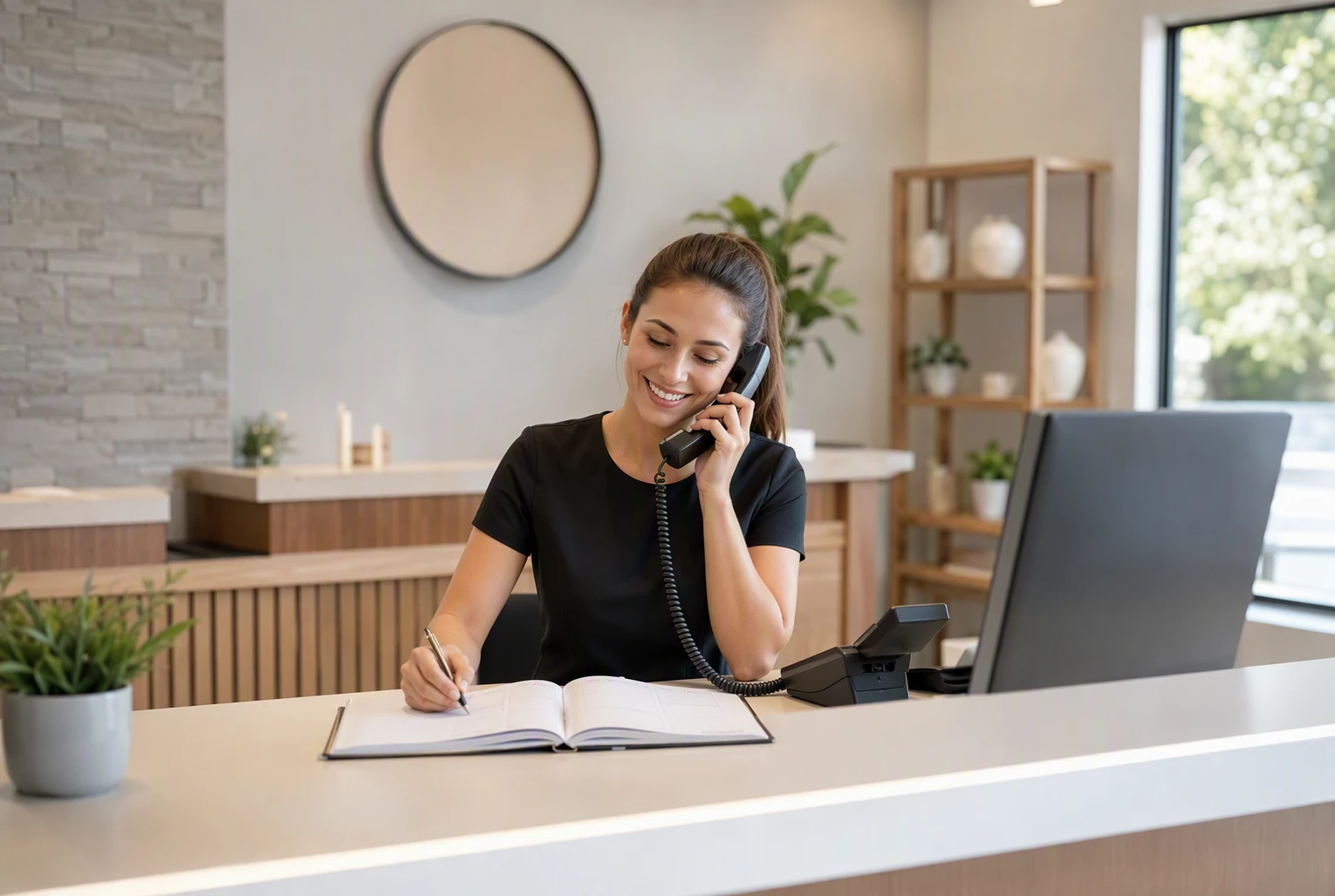 Small Business Websites: 8 Pages Every Owner Needs Reception desk with staff answering calls in a bright office