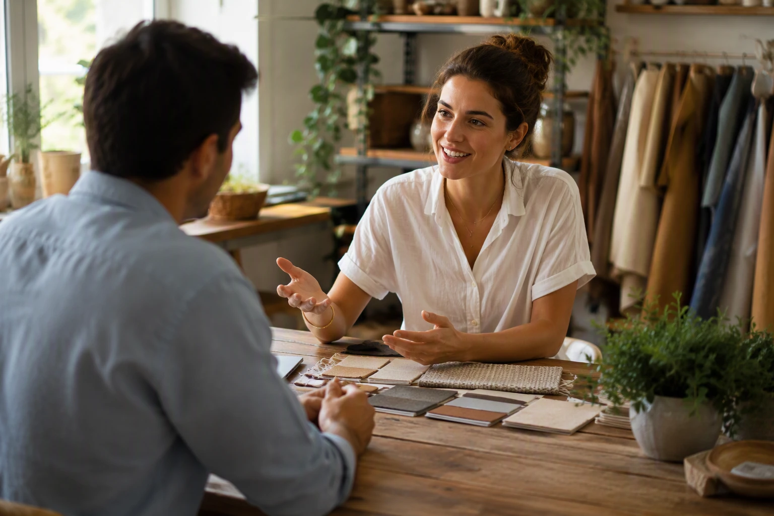 Small Business Websites: 8 Pages Every Owner Needs Founder consulting with client in cozy studio workspace