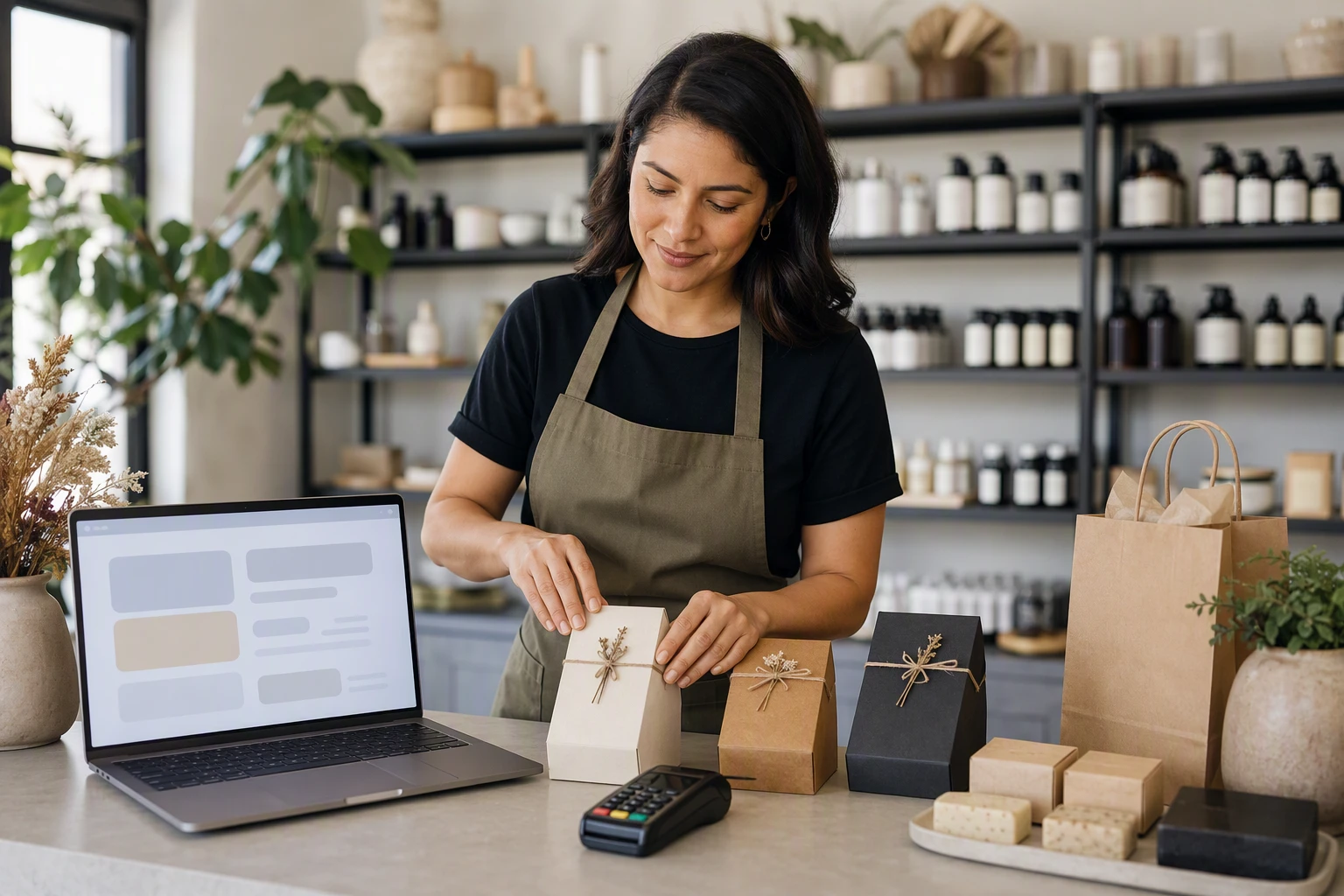 Small Business Websites: 8 Pages Every Owner Needs Shop owner arranging product packages at checkout counter