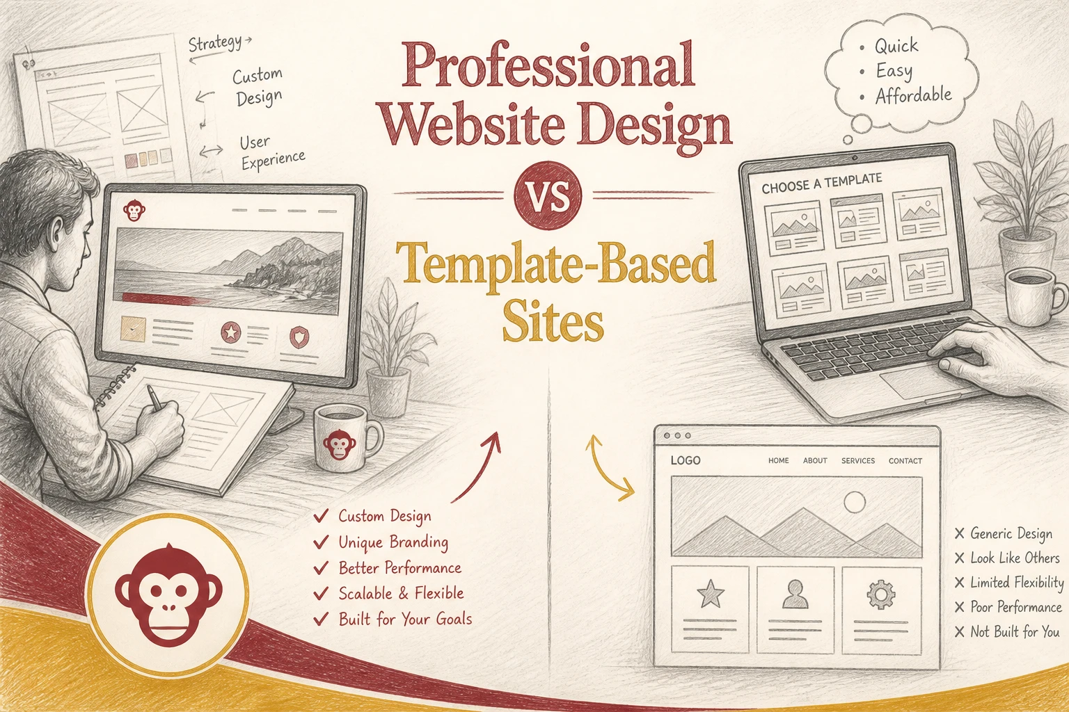 Illustration compares Professional Website Design with Template-Based Sites, listing features and pros of each. Custom design emphasizes branding; Template-Based Sites highlight speed and affordability.