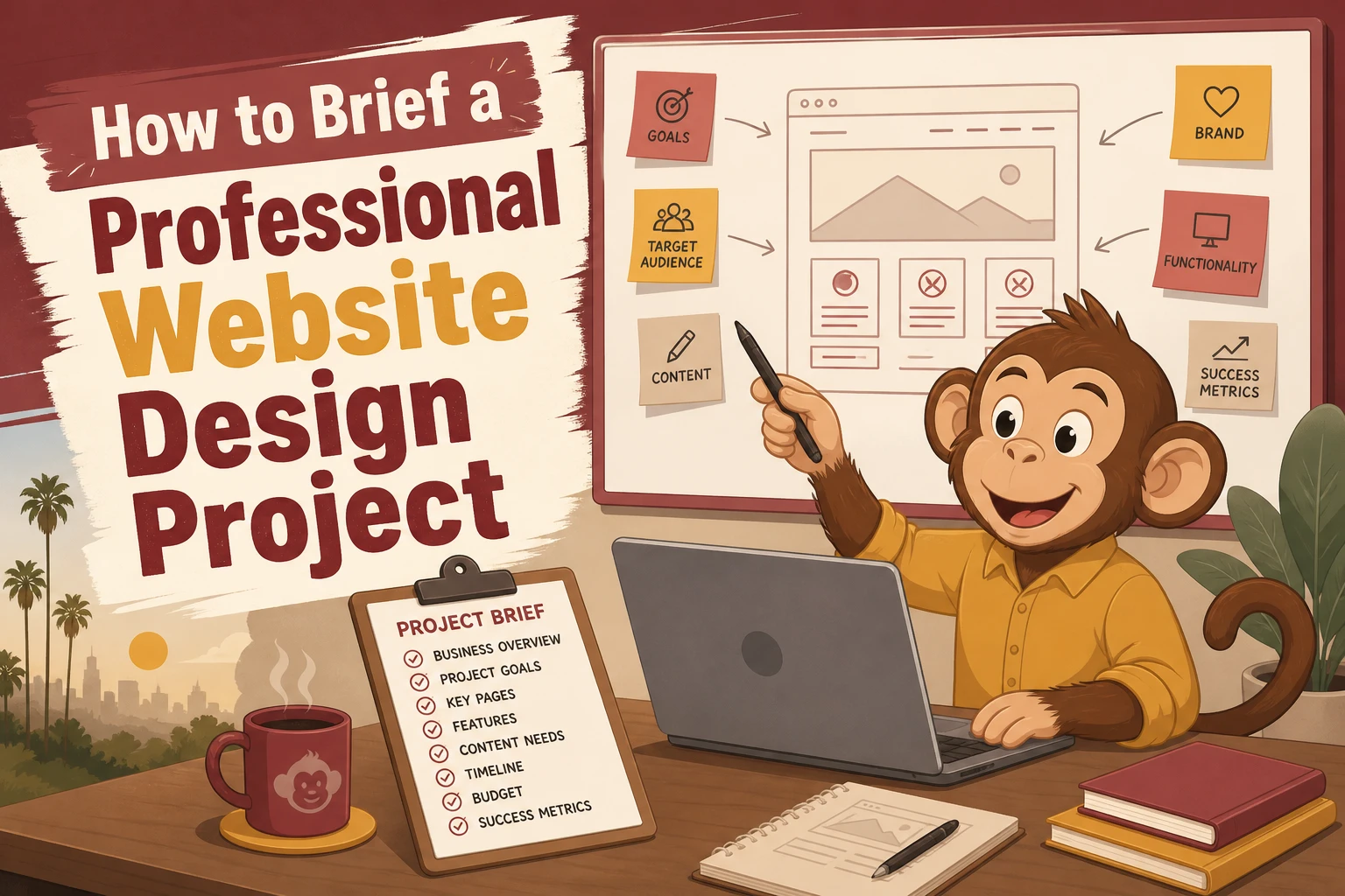 How to Brief a Professional Website Design Project A cartoon monkey presents professional website design elements on a whiteboard, with a website design project brief, laptop, and coffee cup on a desk in a professional office setting.