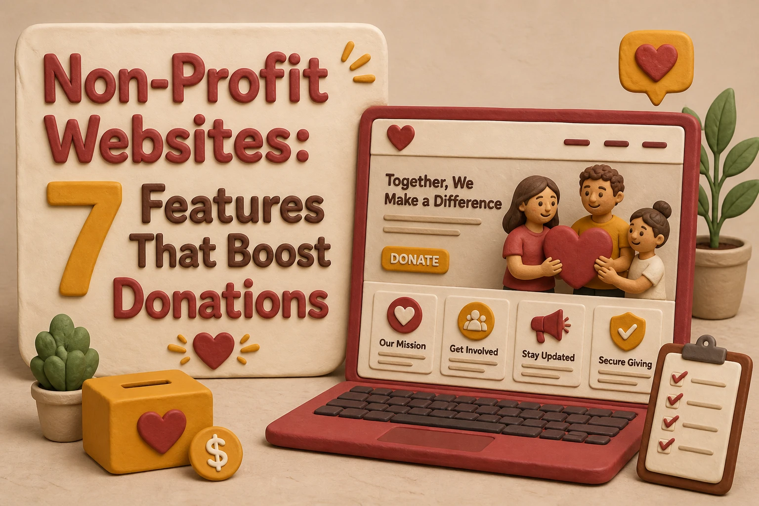 Claymation-style image of a laptop, piggy bank, and sign reading “Non-Profit Websites: 7 Features That Boost Donations,” with donation features icons and text designed to highlight how non-profit websites can effectively boost donations.
