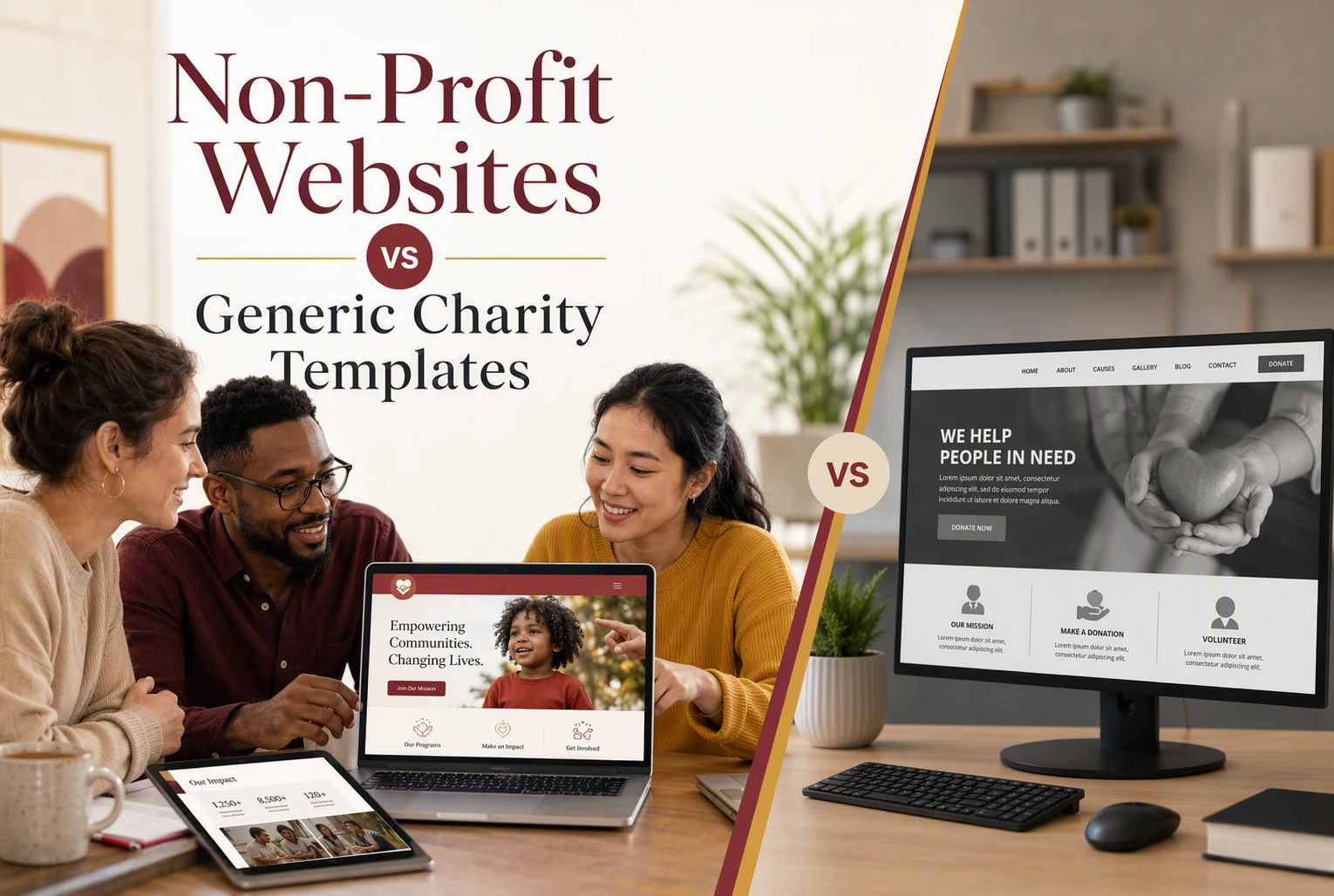 Three people look at a laptop displaying a Non-Profit Website, while on the right, a desktop monitor shows a Charity Template. Text above compares Non-Profit Websites to generic charity templates.