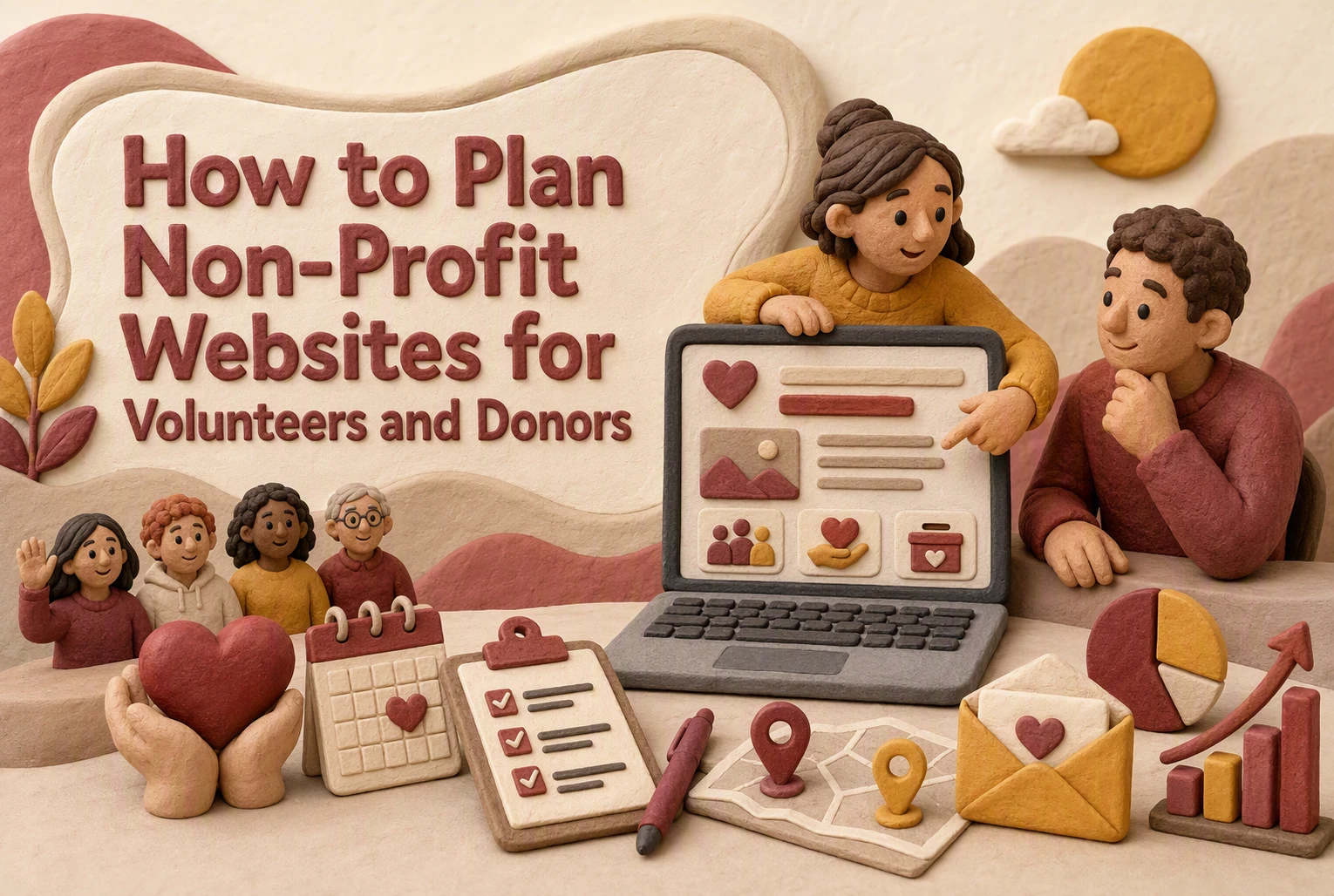 How to Plan Non-Profit Websites for Volunteers and Donors Clay figures present a laptop, calendar, checklist, heart, and envelope with the text: “How to Plan Non-Profit Websites for Volunteers and Donors.” This creative scene highlights essential tools for building non-profit websites that serve both volunteers and donors effectively.