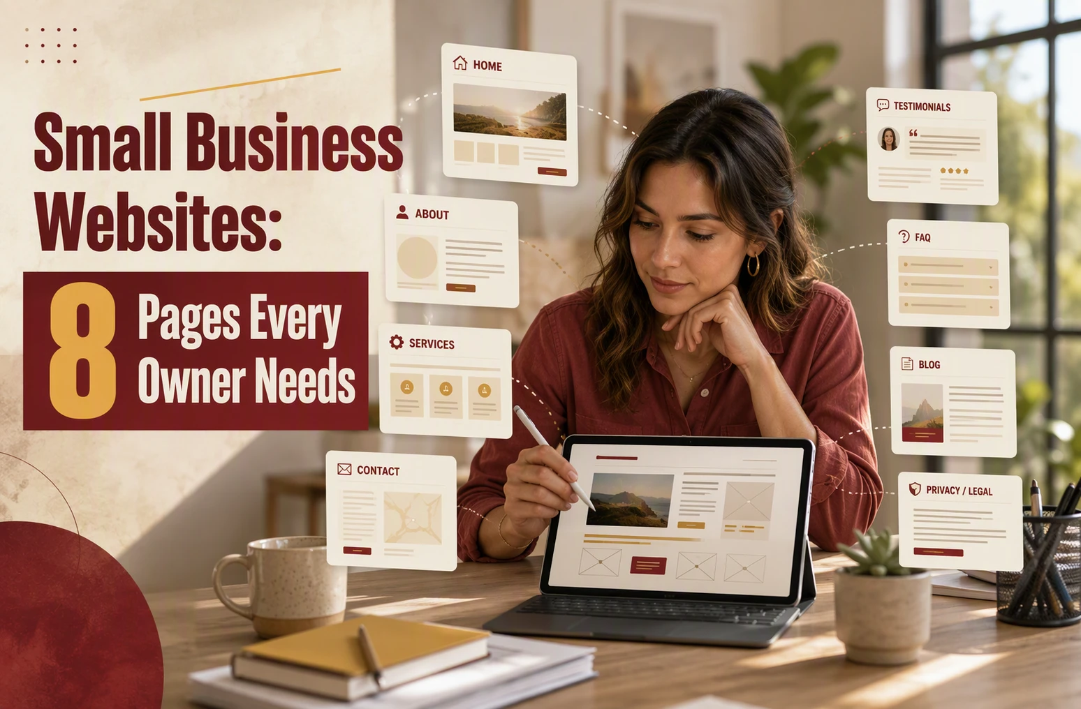 Small Business Websites: 8 Pages Every Owner Needs A woman works on a tablet at a desk, surrounded by floating icons representing essential website pages for small business websites, including Home, About, Services, and Contact.