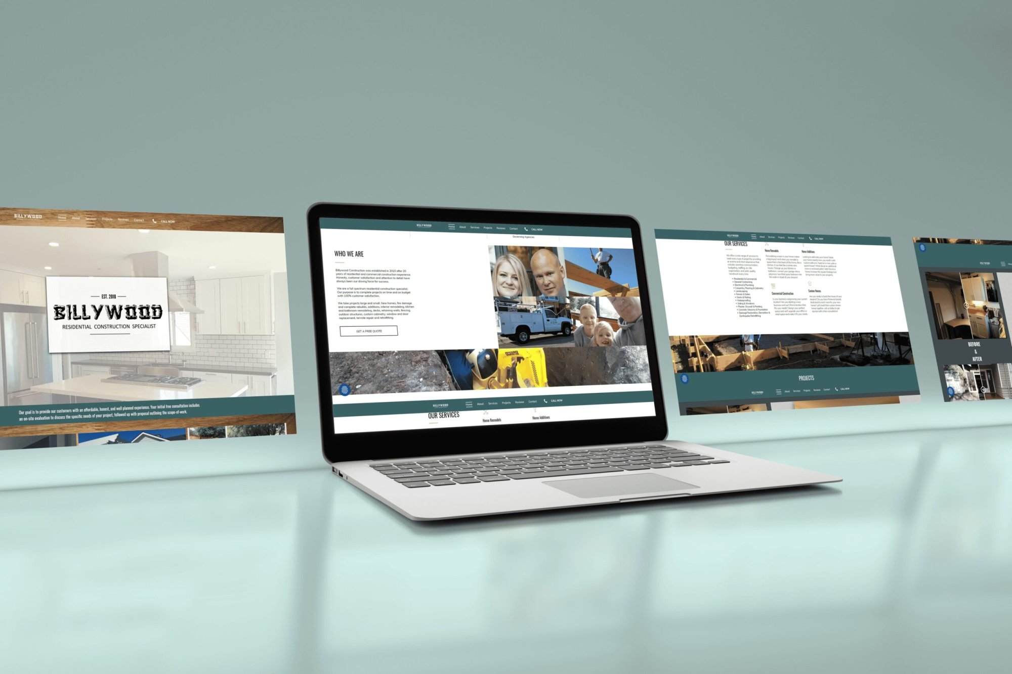 Portfolio A laptop displays a website featuring construction-related images and text, created by an affordable web design services provider, with additional website pages shown in the background on a light blue surface.