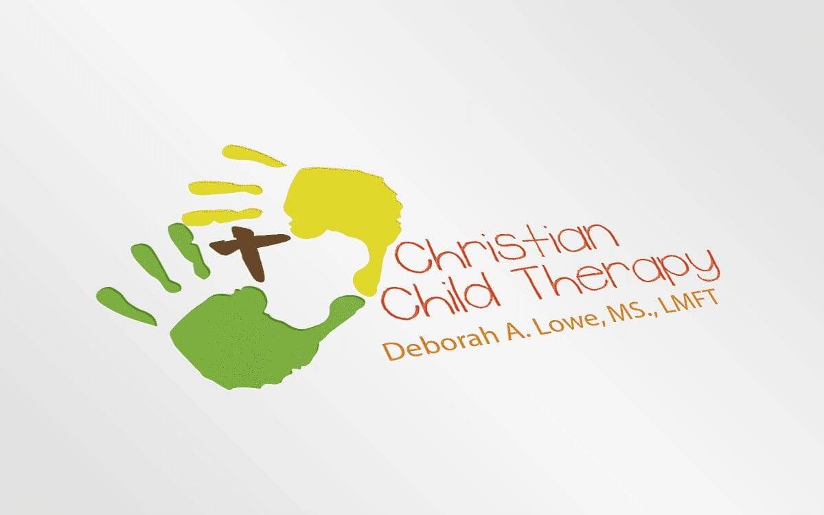 Portfolio Logo for Christian Child Therapy featuring green and yellow handprints, a brown cross, and the name Deborah A. Lowe, MS., LMFT—perfect for a small business website design or use by a professional website design company.All-inclusive Website Design Services