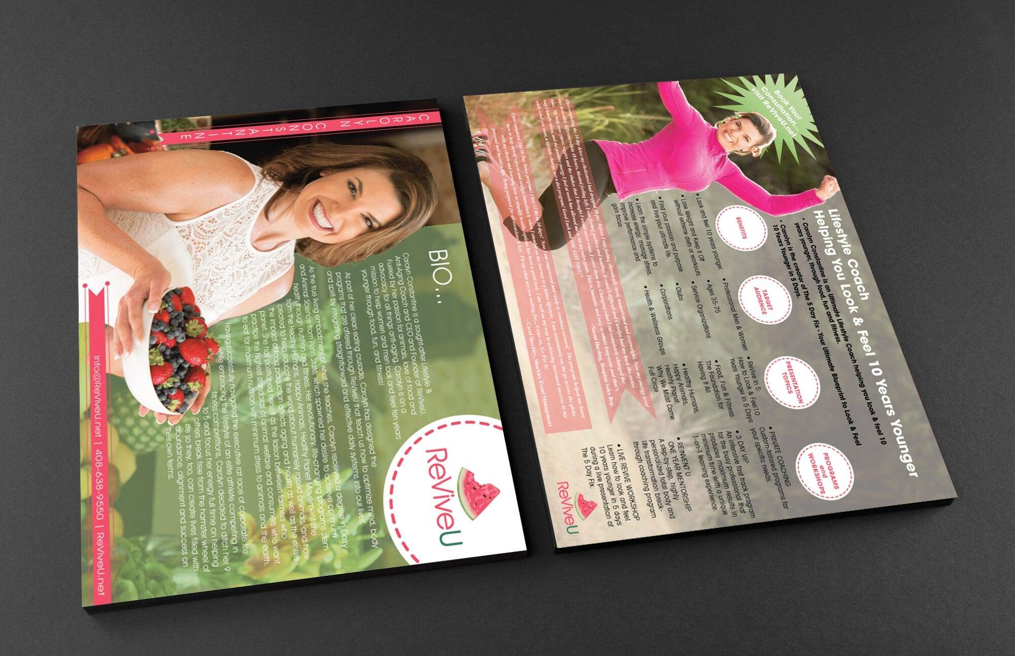 Portfolio Two promotional flyers for ReviveU, designed with small business website design in mind, featuring a woman holding berries on one side and wellness tips with a woman exercising on the other.All-inclusive Website Design Services