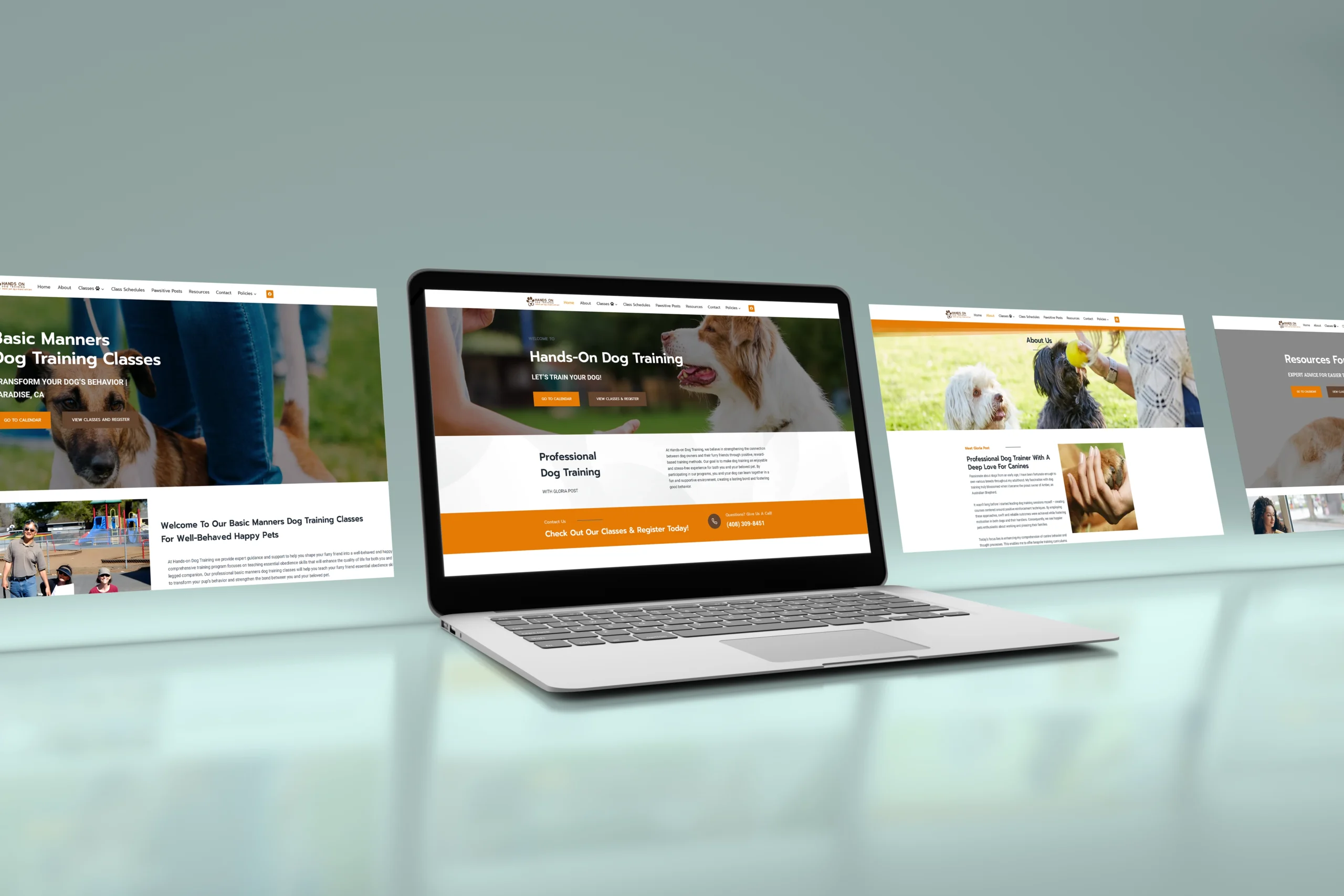 Portfolio A laptop displaying a dog training website, designed by a WordPress web designer, is flanked by two large screenshots showing dog training information and resources, all arranged on a glossy surface.