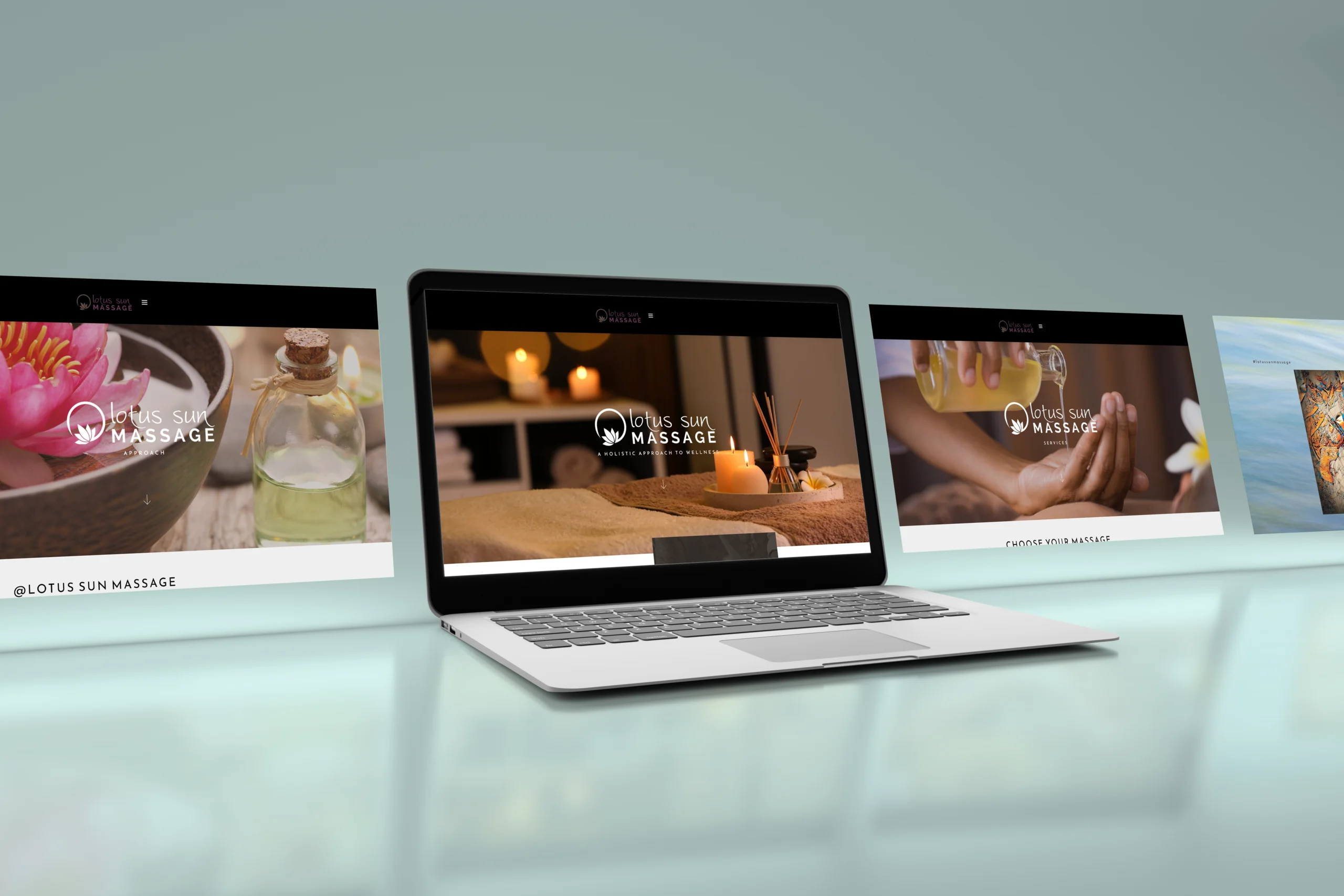 Portfolio A laptop displaying the Lotus Sun Massage website is shown between two monitors, each featuring spa-related images and branding—an example of a professional website design company’s work in small business website design.
