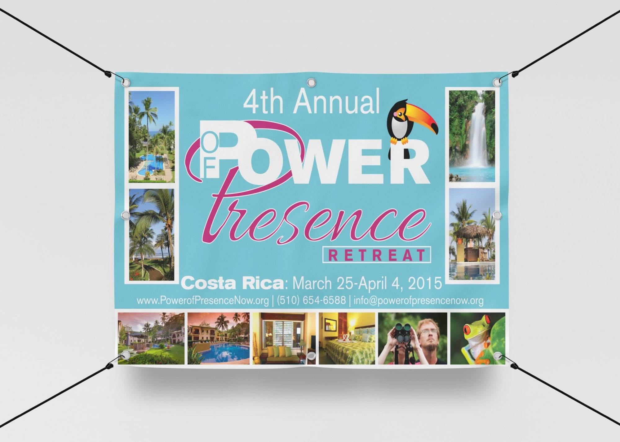 Portfolio A banner for the 4th Annual Power Presence Retreat in Costa Rica, March 25-April 4, 2015, featuring event details and tropical images on a blue background—perfect inspiration for an affordable web design services project.All-inclusive Website Design Services