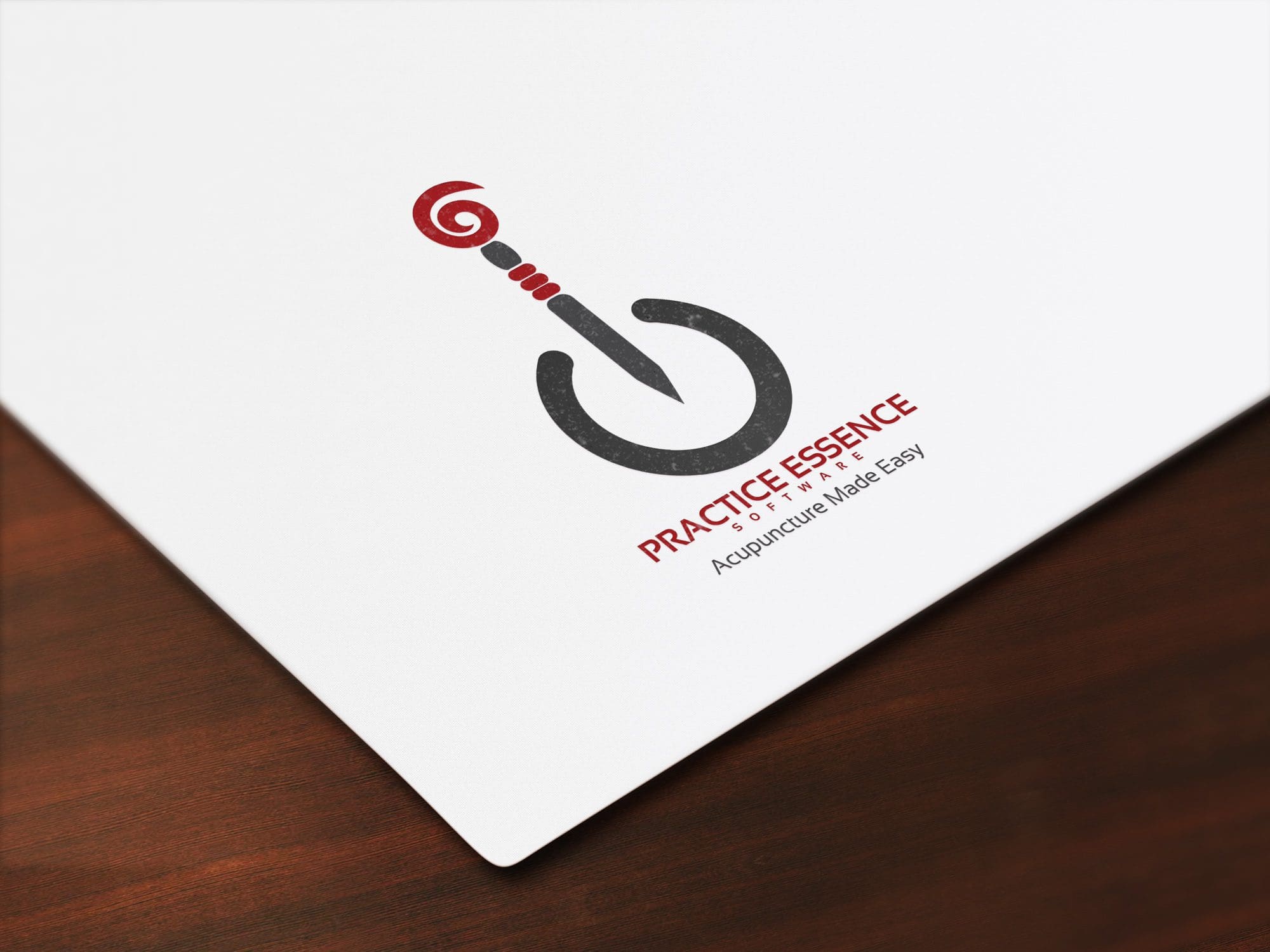 Portfolio A logo featuring a red and black design resembling an acupuncture needle and power button, with the text “Practice Essence” and “Acupuncture Made Easy” on a white card—perfect for small business website design.All-inclusive Website Design Services
