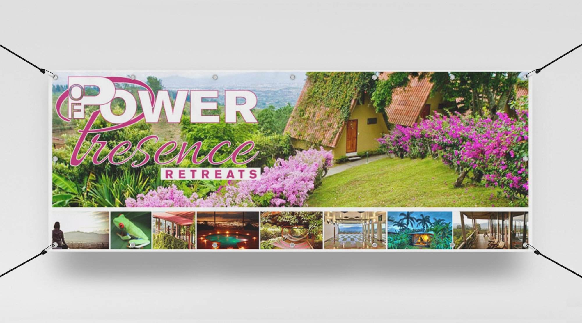 Portfolio A colorful banner reads “Power Presence Retreats” with photos of a scenic garden, blooming flowers, and various retreat activities—brought to you by an affordable web design services team.All-inclusive Website Design Services