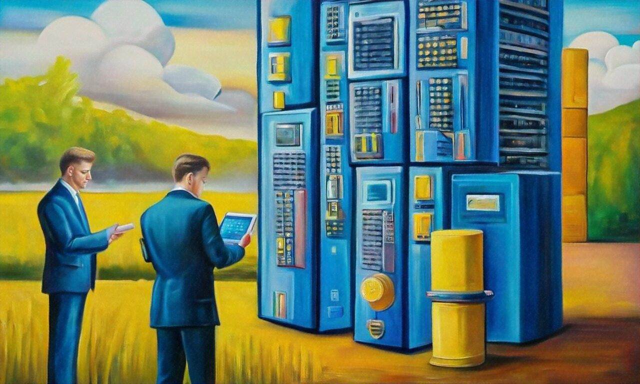 Two men in suits using tablets stand in a field next to large, blue computer servers with buttons and panels; there are trees and clouds in the background, reflecting the importance of reliable website maintenance and support.