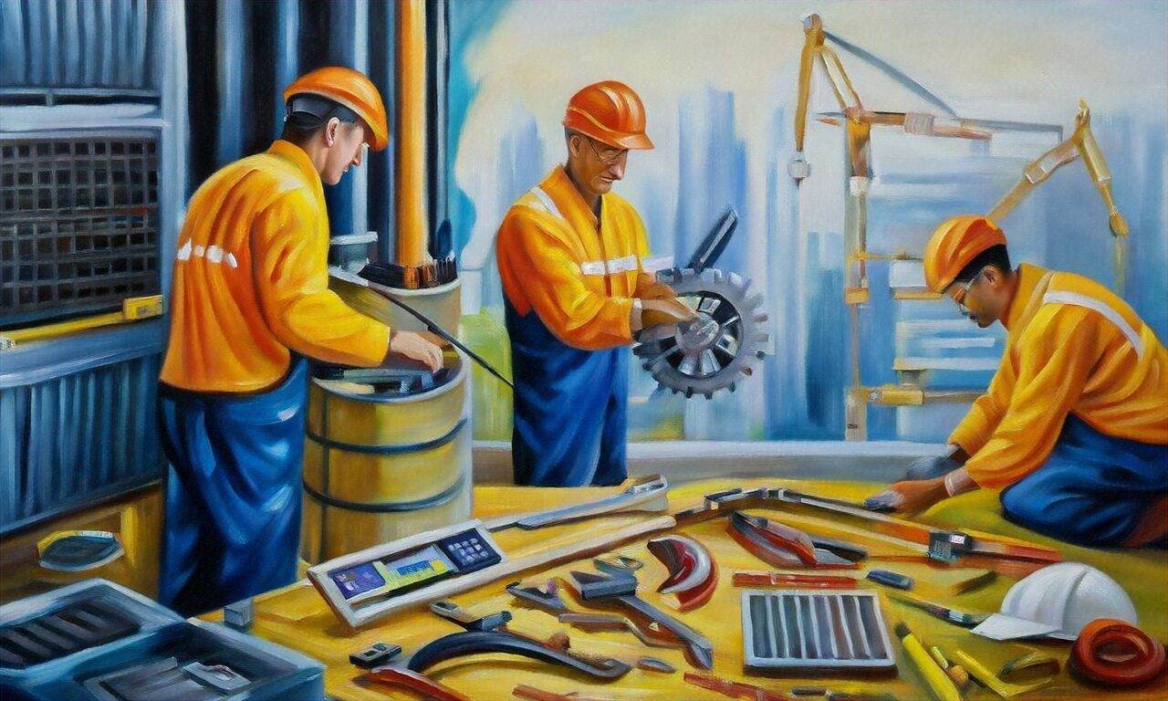 Three construction workers in orange safety gear operate tools and equipment at a work site, much like a small business website design team expertly handling digital tools and strategies to build your ideal online presence.
