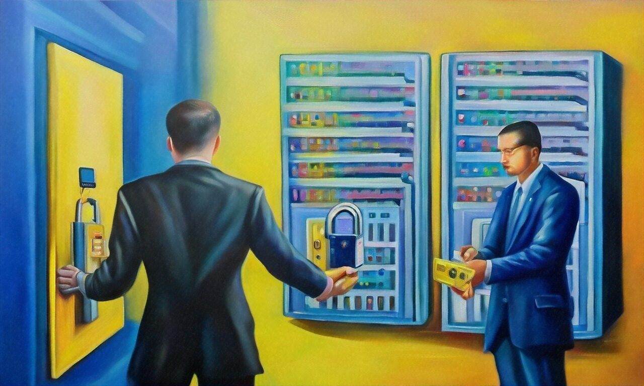 Two men in suits interact with large control panels; one inserts a card into a wall-mounted device while the other, like a web designer near me, holds a box and stands near two open panels with circuitry.