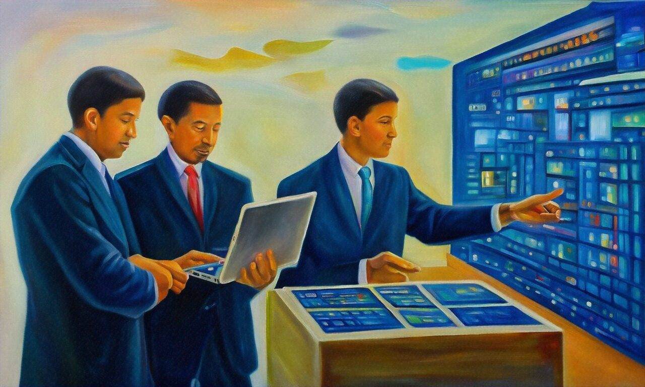 Three men in suits interact with digital devices and a large futuristic screen displaying data—perfect inspiration for a WordPress web designer or anyone seeking modern small business website design in a creative, brightly lit space.