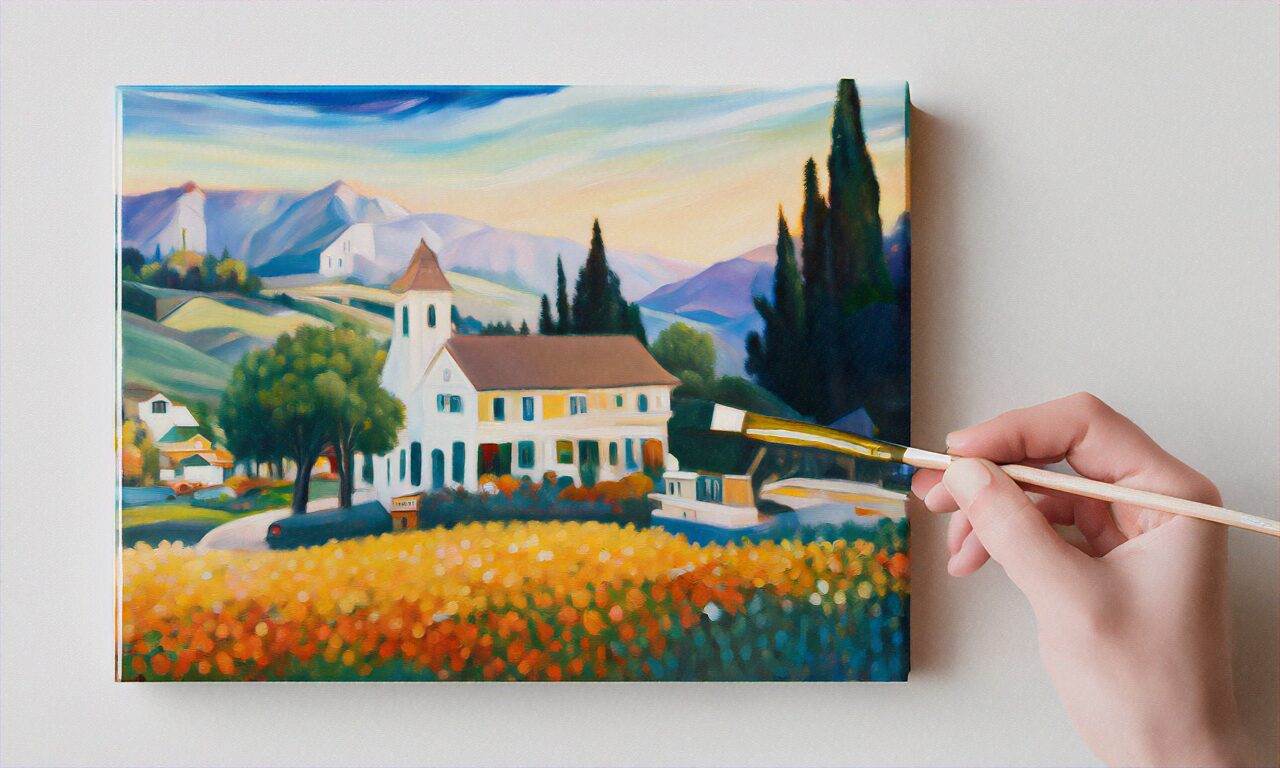 A hand holds a paintbrush, finishing a landscape painting of a house, trees, mountains, and a field of yellow flowers under a colorful sky—much like a web designer near me crafting unique small business website designs.