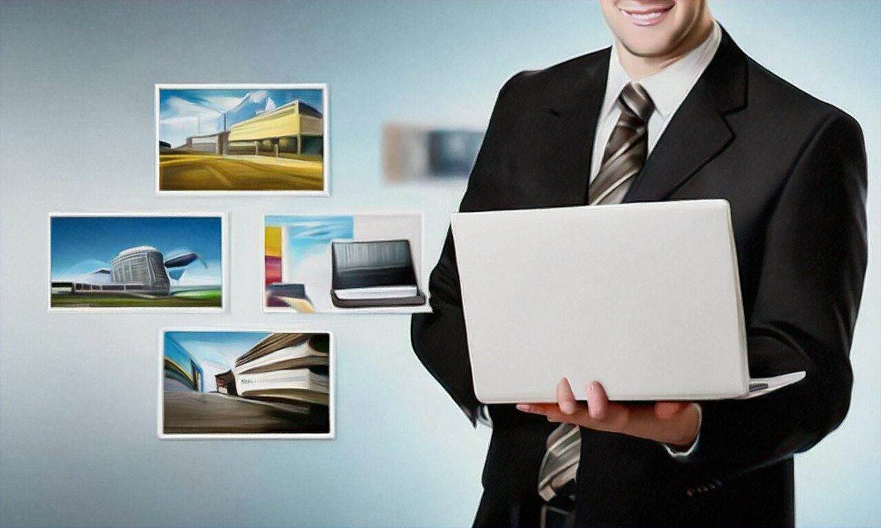 A man in a suit holds a laptop, standing next to several digitally rendered images of modern buildings—a modern look perfect for a WordPress web designer or anyone seeking small business website design inspiration.