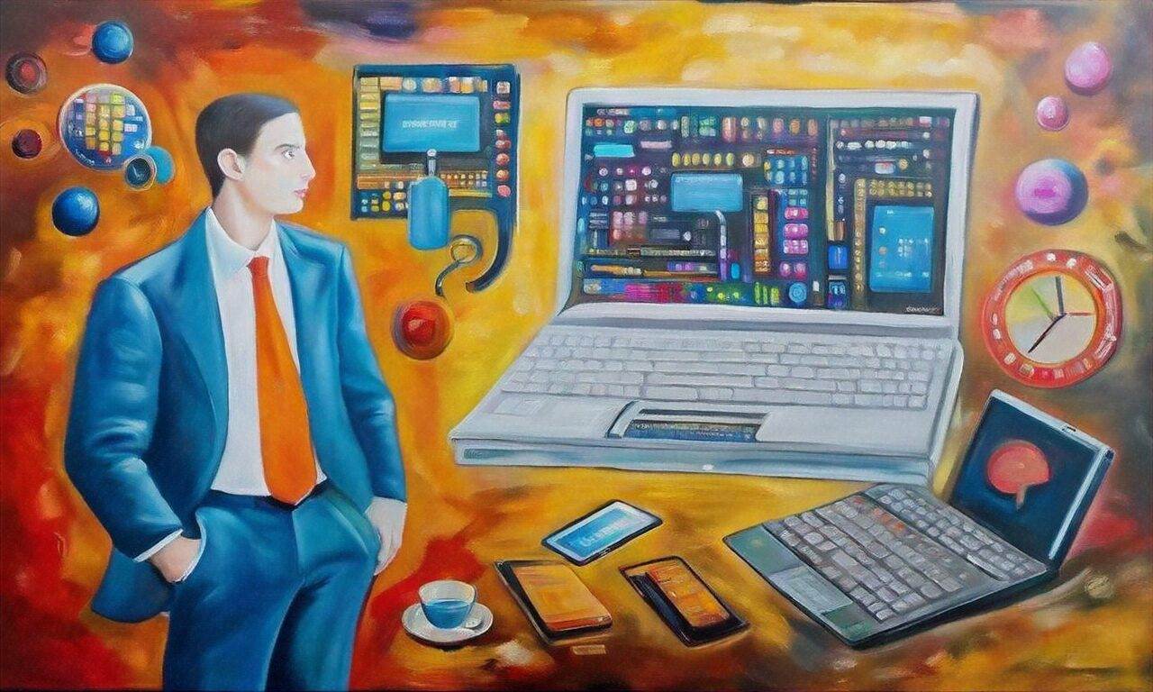 A man in a suit stands beside a large laptop, tablet, and smartphones with colorful digital screens, highlighting the importance of website maintenance and support, surrounded by abstract tech and clock elements on a vivid background.