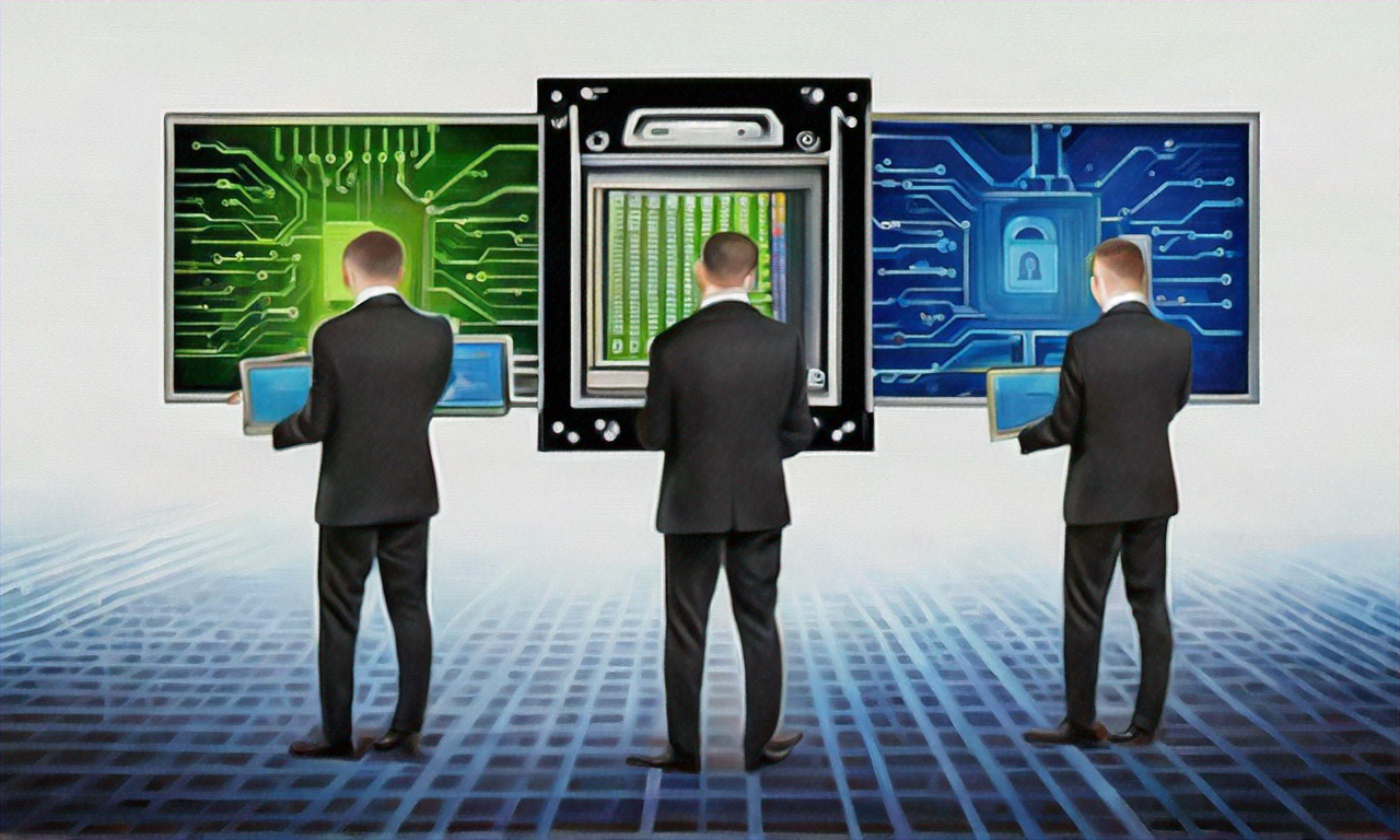 Enhancing Your Online Presence with Hassle-Free Website Security Services Three men in suits stand at laptops facing digital screens with circuit board graphics and a central secure lock symbol, representing the expertise of an affordable web design services team.