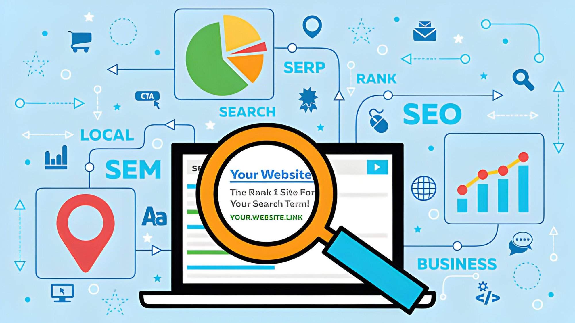 Illustration of a laptop with a magnifying glass focused on a website, surrounded by SEO-related icons like graphs and search terms—perfect for showcasing the expertise of a professional website design company.