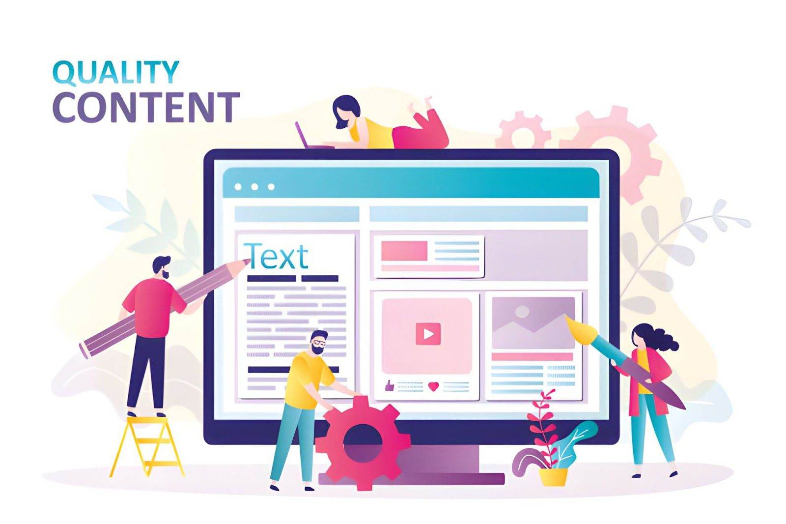 Illustration of people assembling content on a large computer screen, symbolizing teamwork in creating quality digital content. Ideal for showcasing affordable web design services. The words 